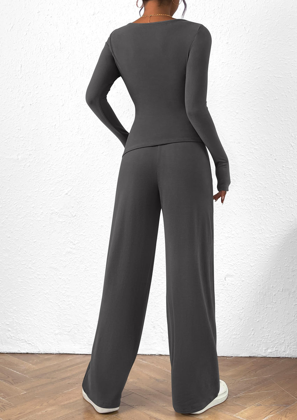 Women's 2 Piece Lounge Sets Asymmetrical Long Sleeve T Shirt Wide Leg Pants Casual Outfits Tracksuit
