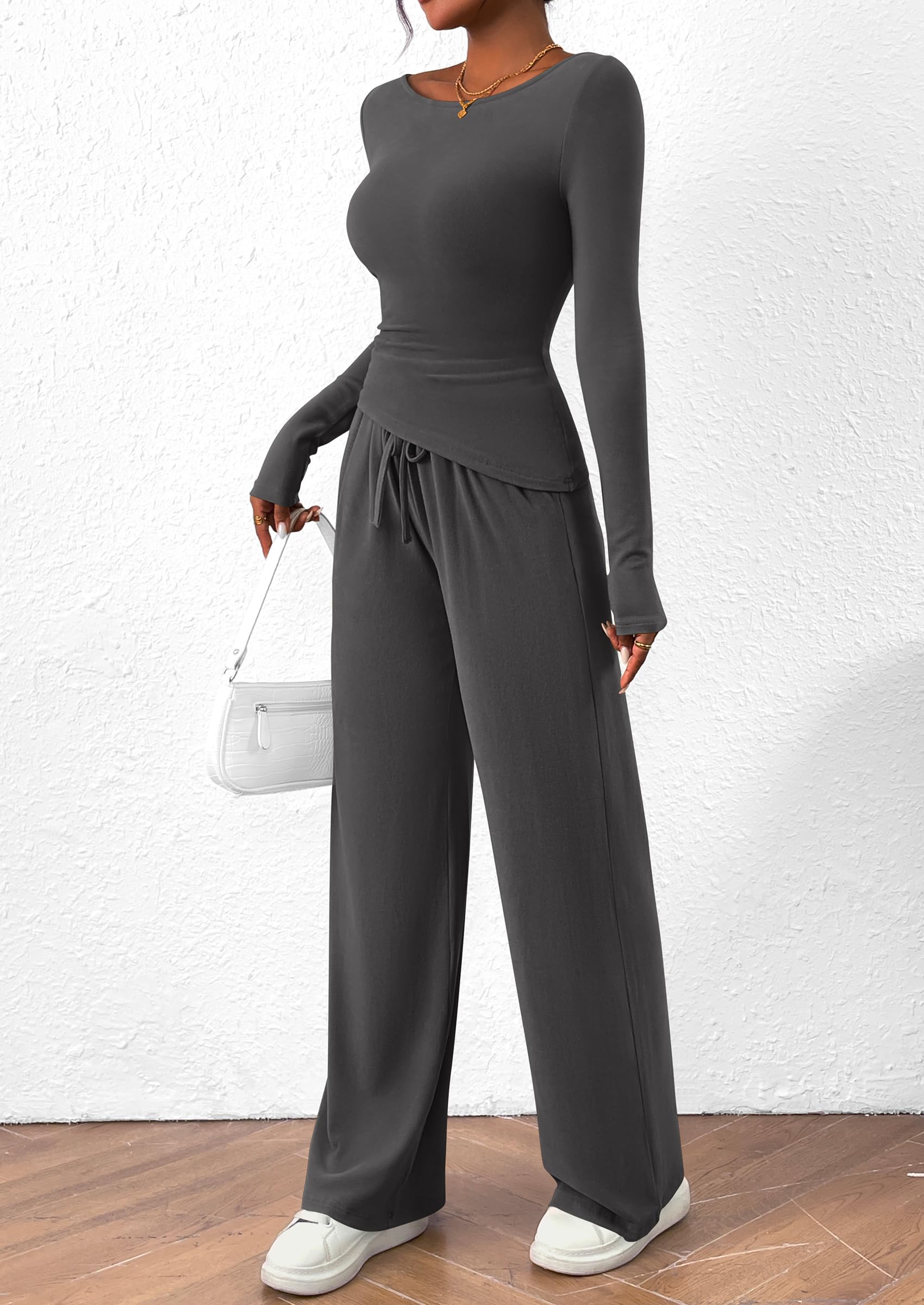 Women's 2 Piece Lounge Sets Asymmetrical Long Sleeve T Shirt Wide Leg Pants Casual Outfits Tracksuit