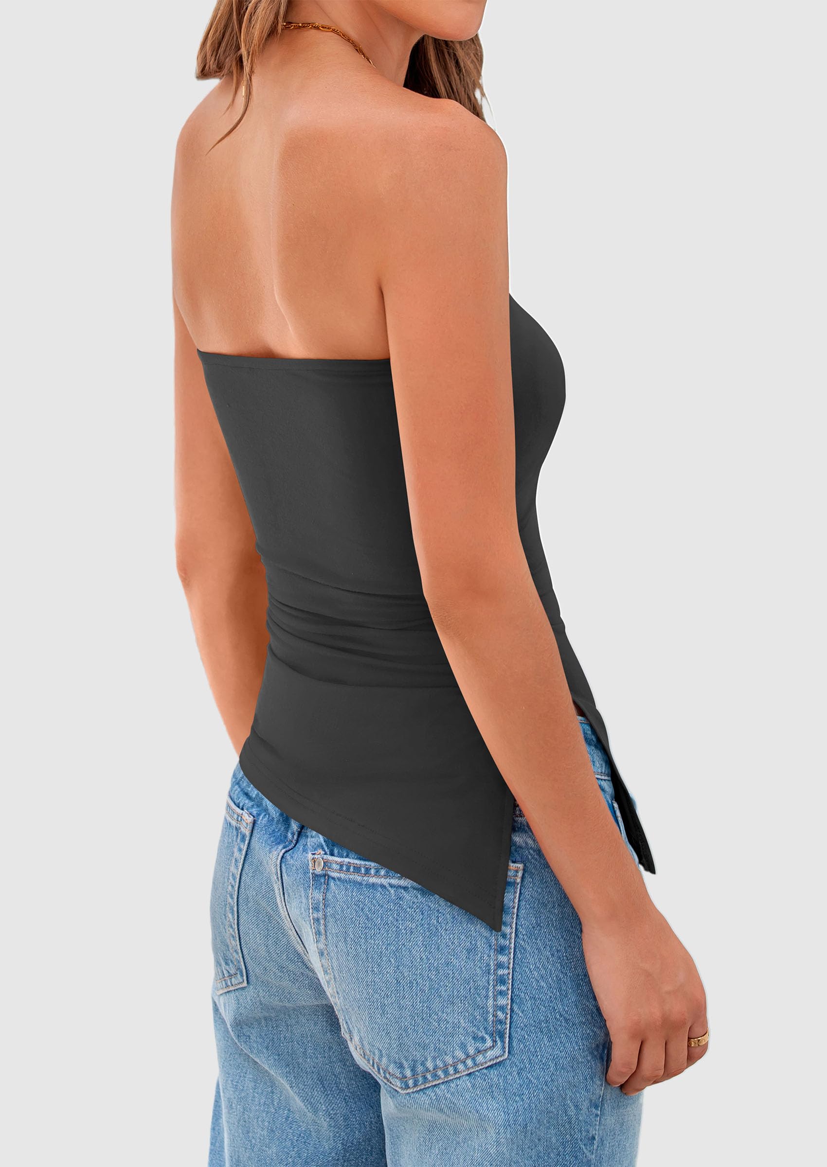 Womens Summer Tube Tops Trendy Strapless Ruched Going Out Tops Outfits Asymmetrical Bandeau Shirts