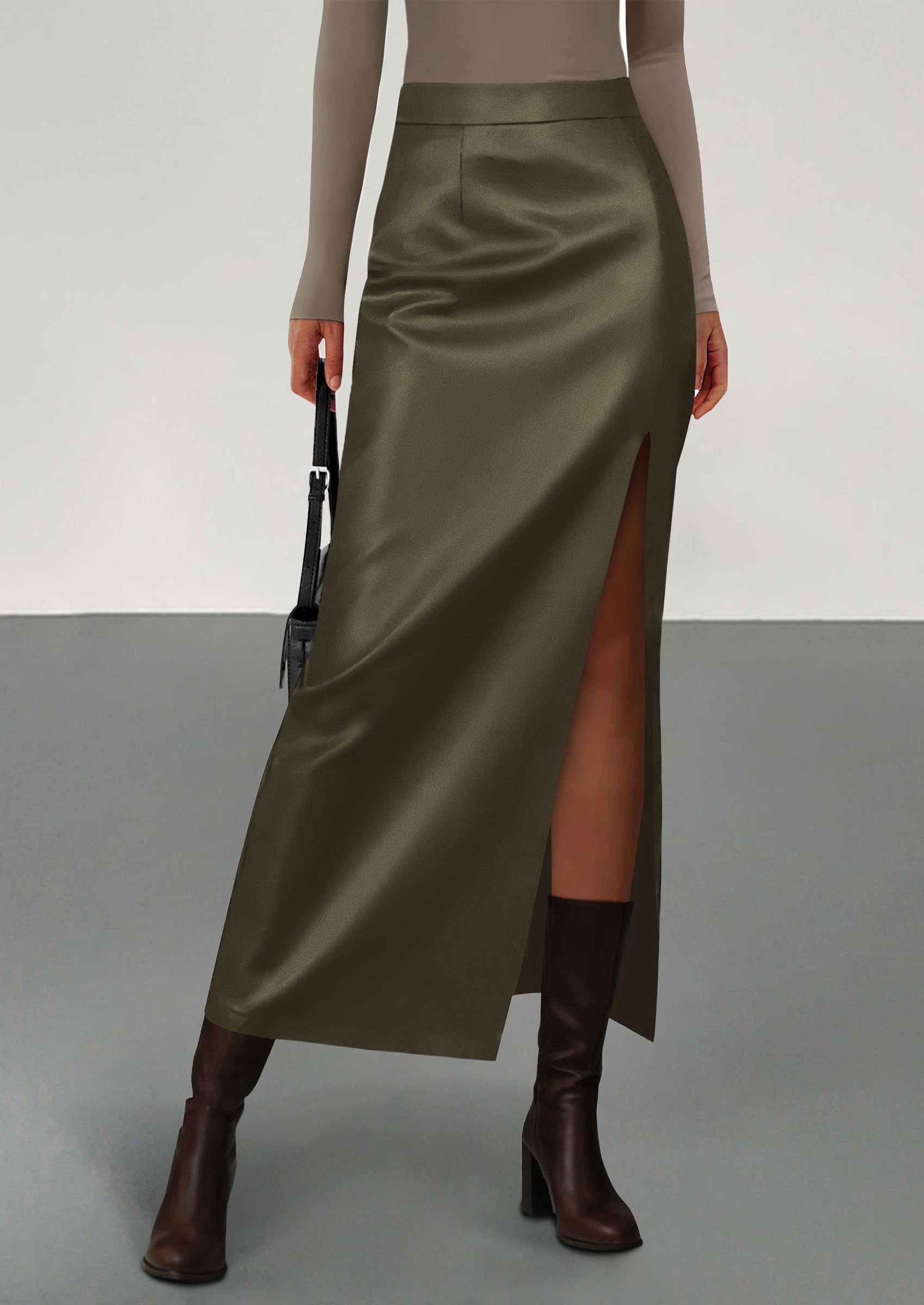 Womens Faux Leather Skirt Fall Bodycon High Waisted Slit Dressy Casual Winter Maxi Long Pencil Skirts
