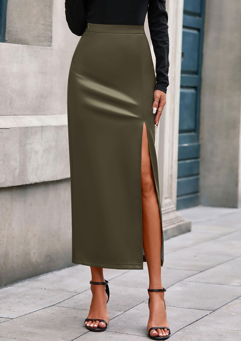 Womens Faux Leather Skirt Fall Bodycon High Waisted Slit Dressy Casual Winter Maxi Long Pencil Skirts