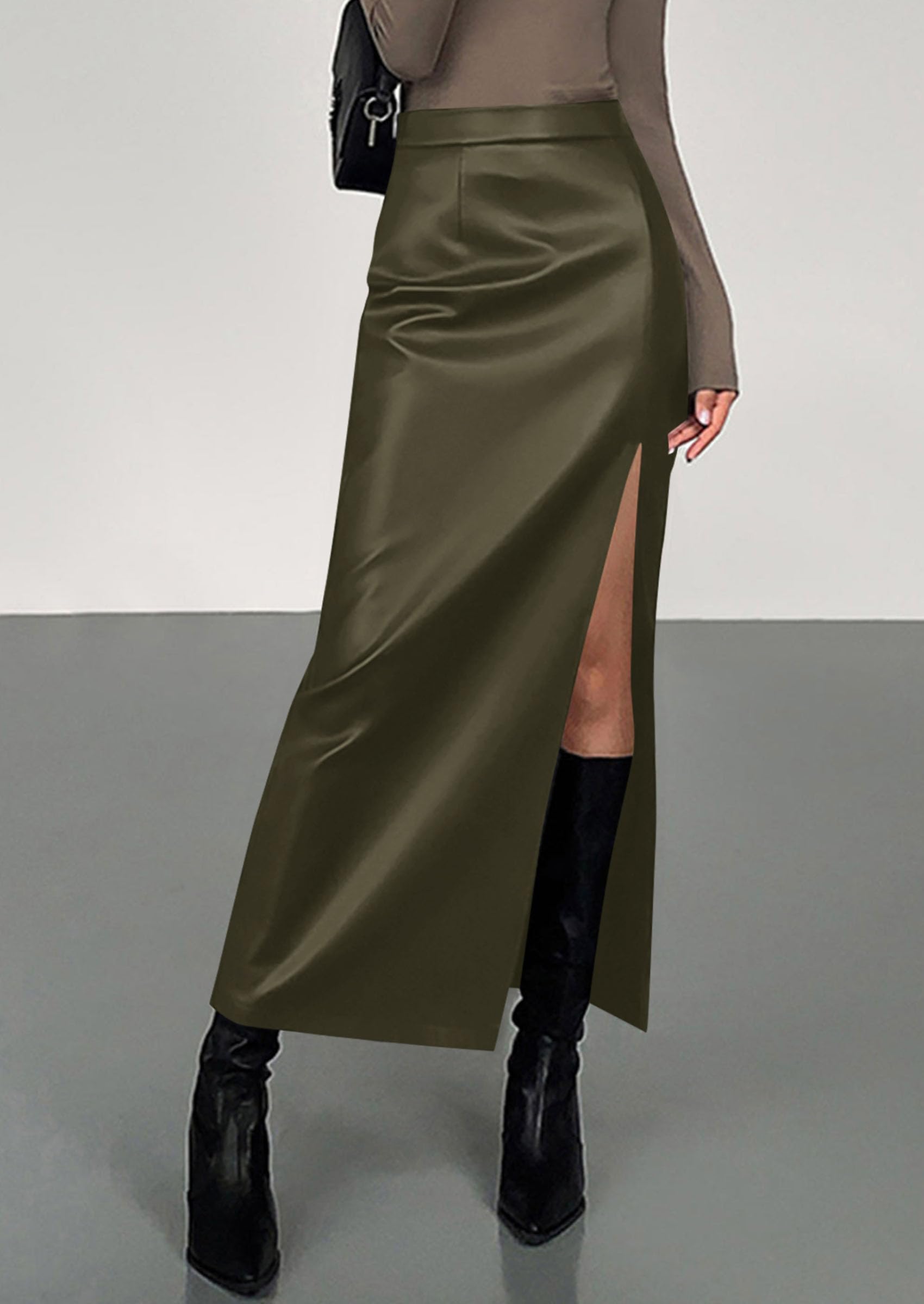Womens Faux Leather Skirt Fall Bodycon High Waisted Slit Dressy Casual Winter Maxi Long Pencil Skirts
