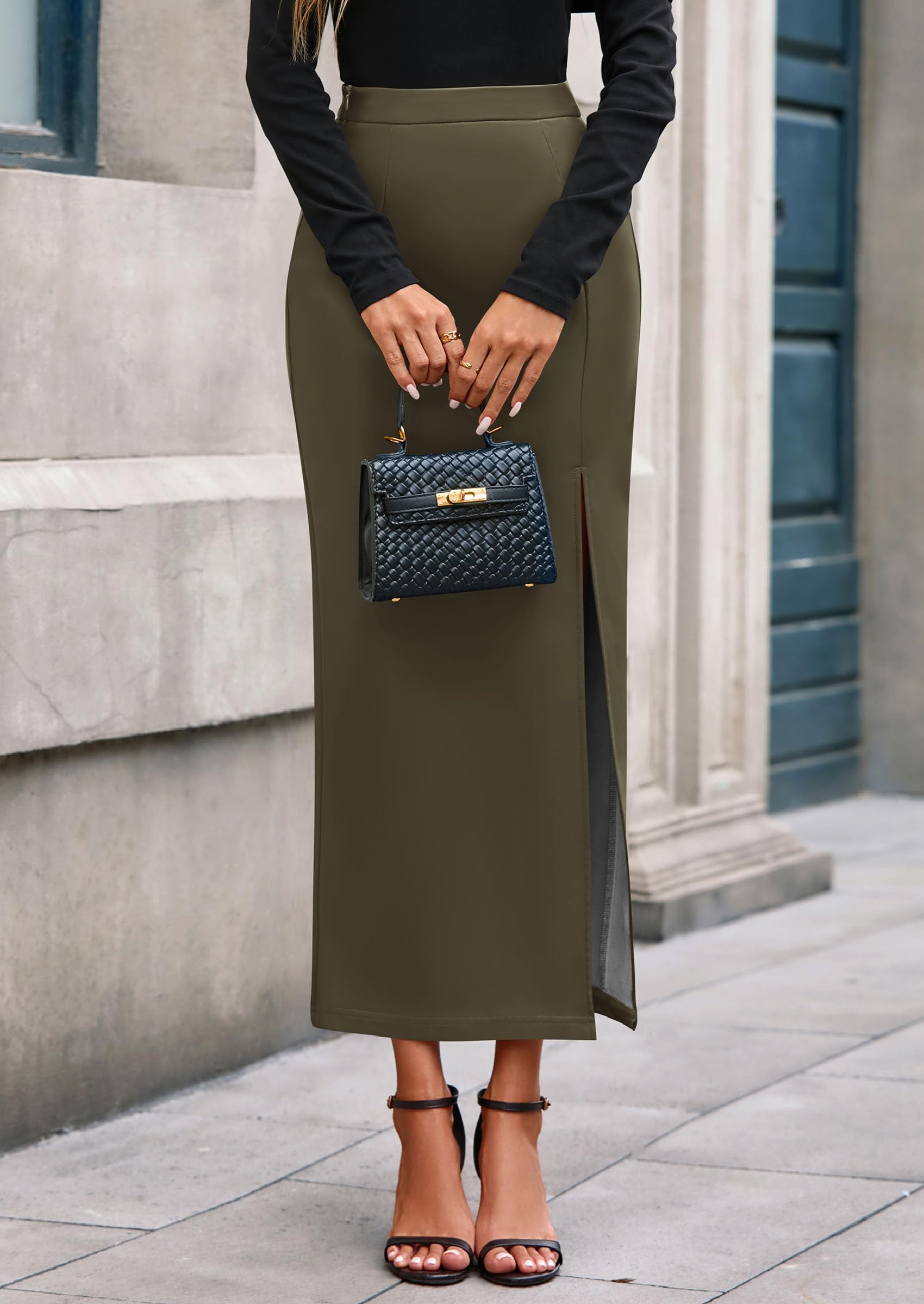 Womens Faux Leather Skirt Fall Bodycon High Waisted Slit Dressy Casual Winter Maxi Long Pencil Skirts