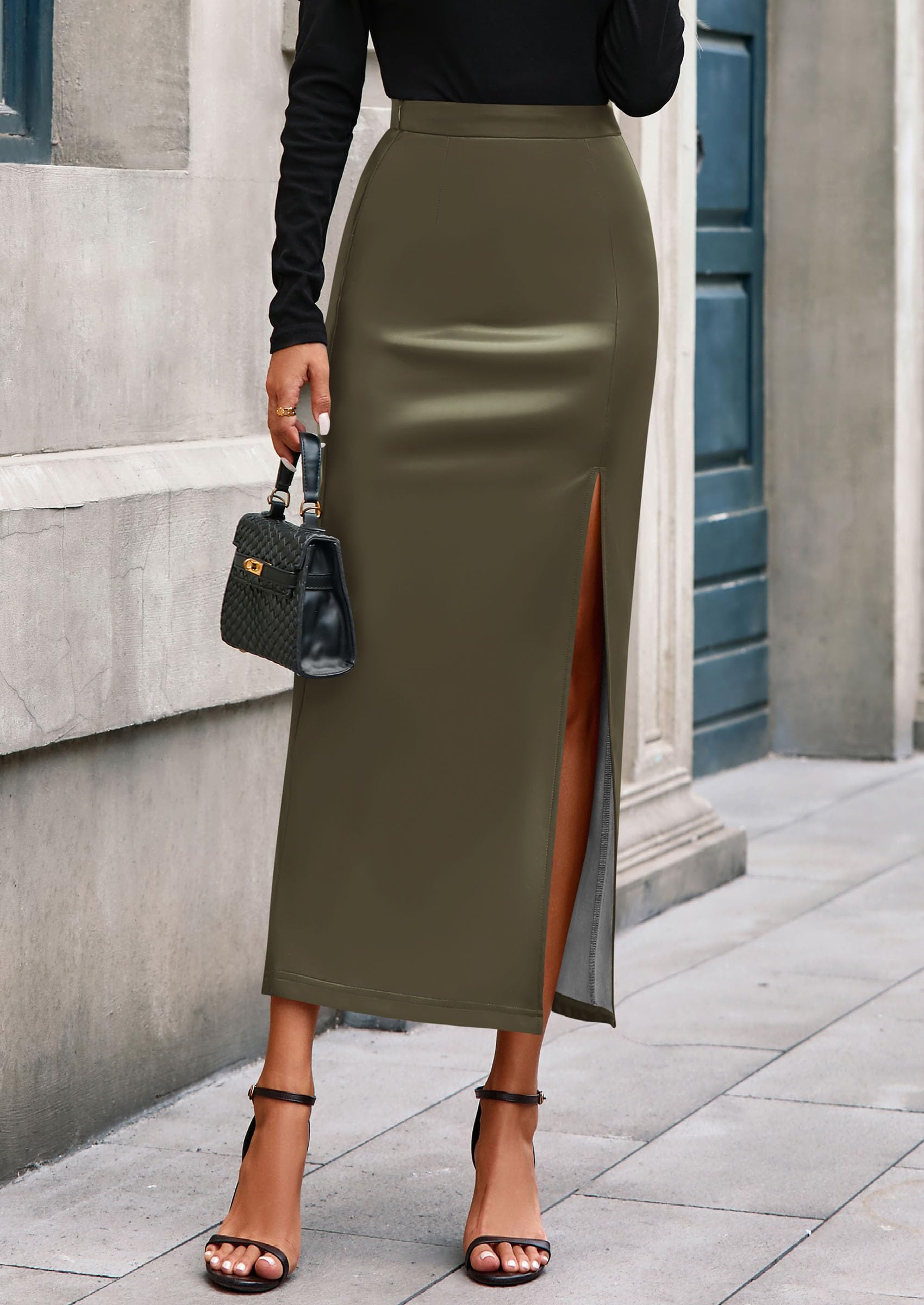 Womens Faux Leather Skirt Fall Bodycon High Waisted Slit Dressy Casual Winter Maxi Long Pencil Skirts