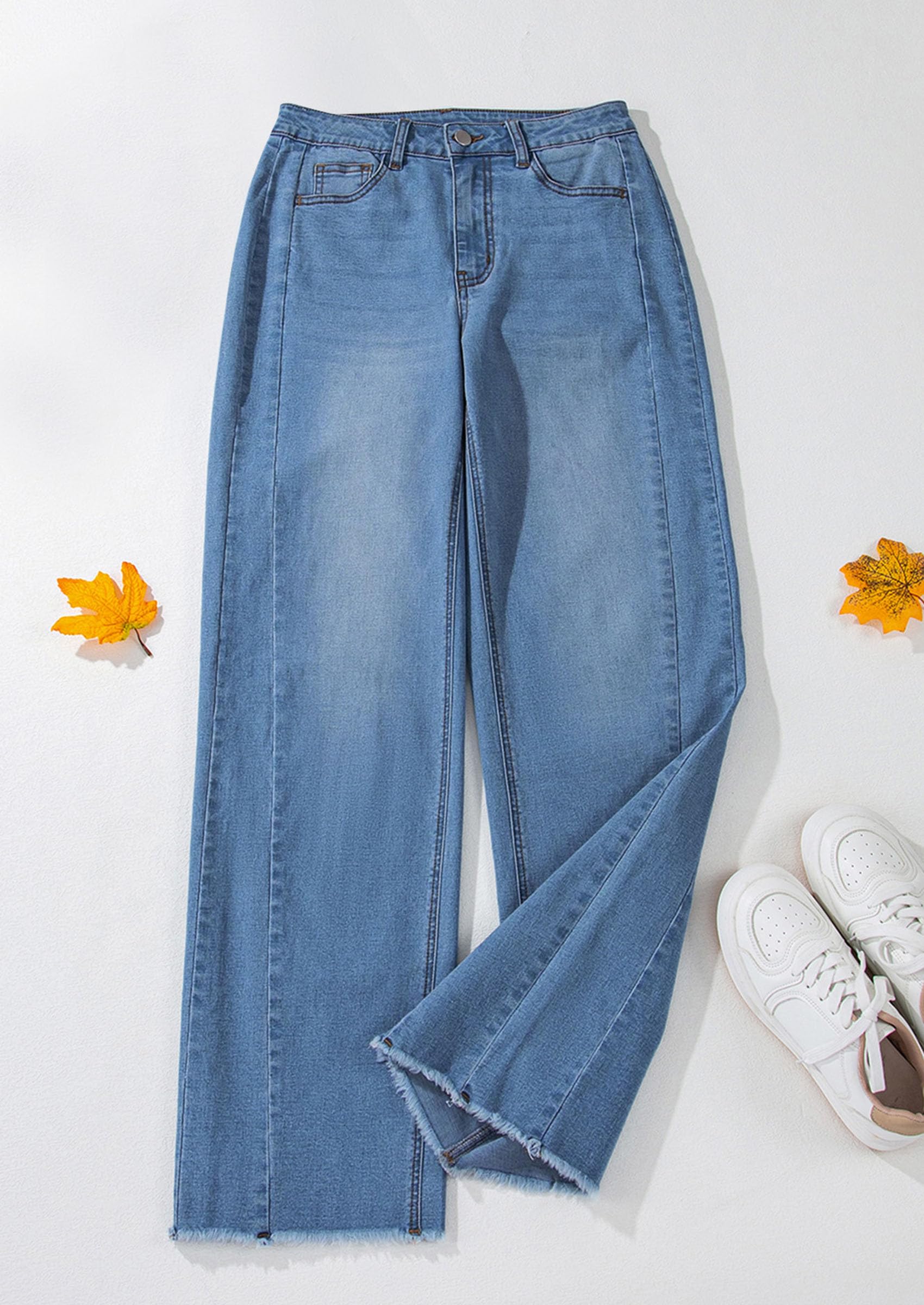 Wide Leg Jeans for Women Trendy High Waisted Stretchy Baggy Raw Hem Denim Palazzo Pants with Pockets