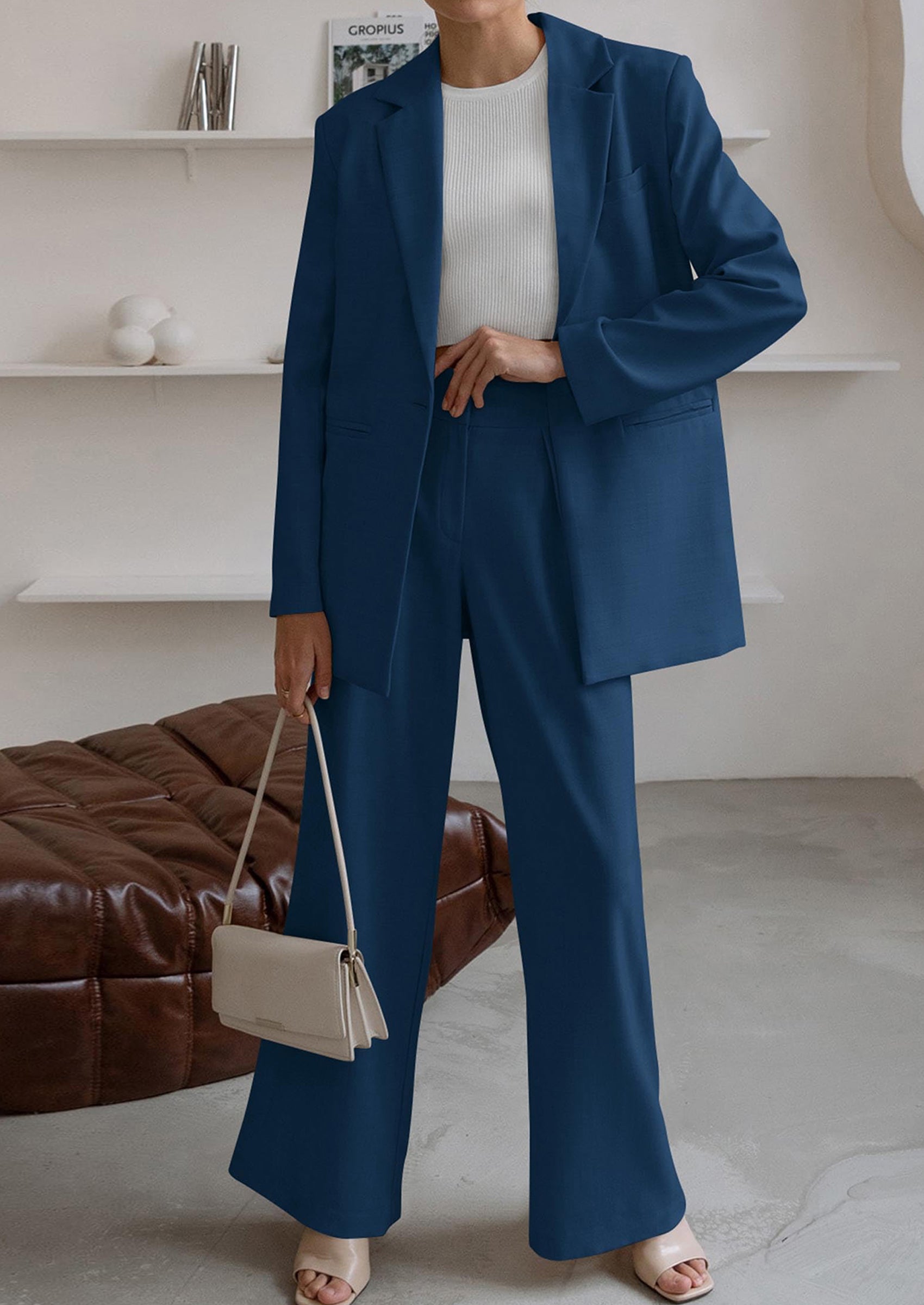 Women's Fall Two Piece Outfits Dressy Blazer Jacket and Wide Leg Pants Pockets Business Casual Office Suit Sets