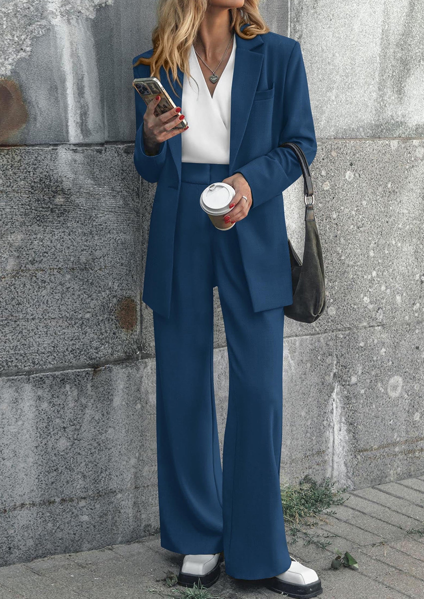 Women's Fall Two Piece Outfits Dressy Blazer Jacket and Wide Leg Pants Pockets Business Casual Office Suit Sets