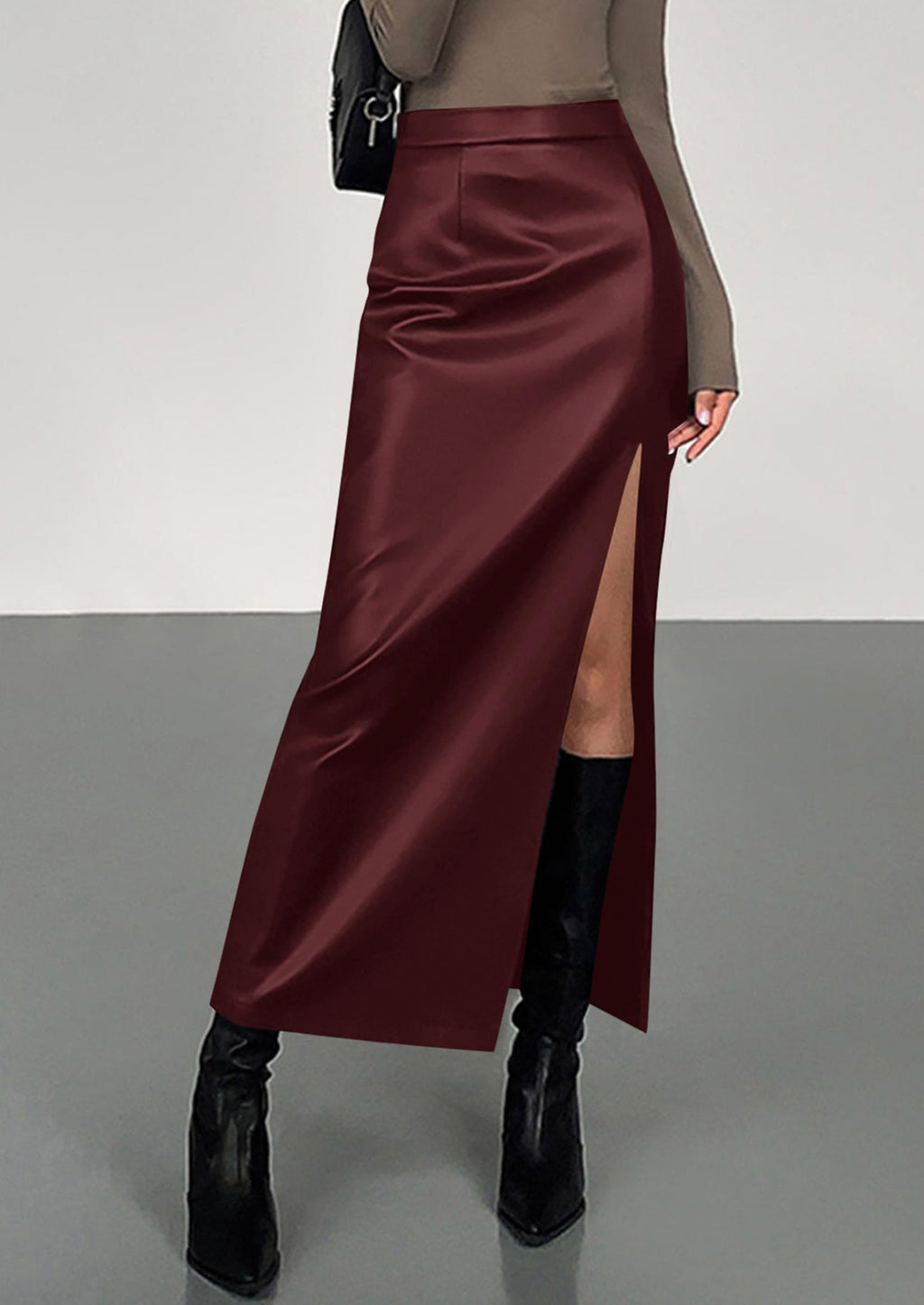Womens Faux Leather Skirt Fall Bodycon High Waisted Slit Dressy Casual Winter Maxi Long Pencil Skirts