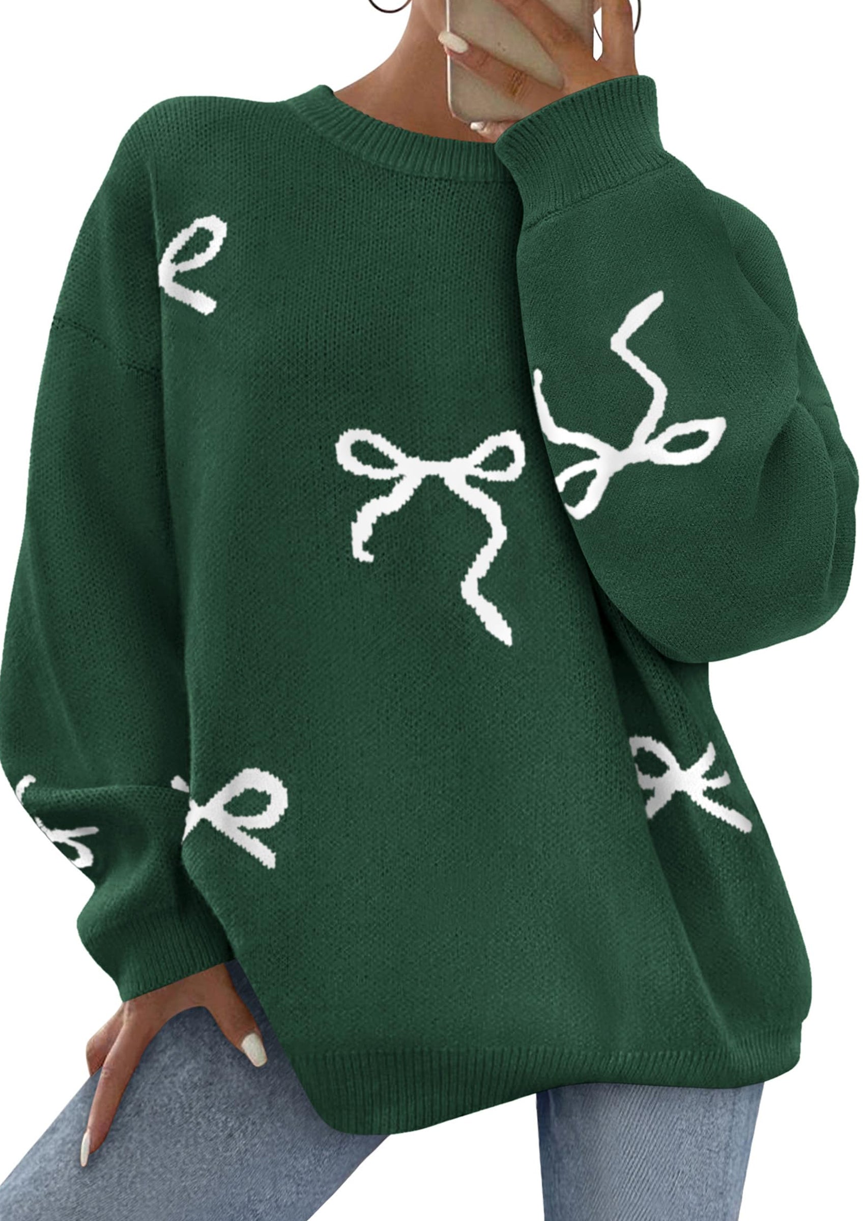 Fall Long Sleeve Pullover Sweaters for Women Trendy Crewneck Casual Cute Bow Chunky Knit Oversized Sweater