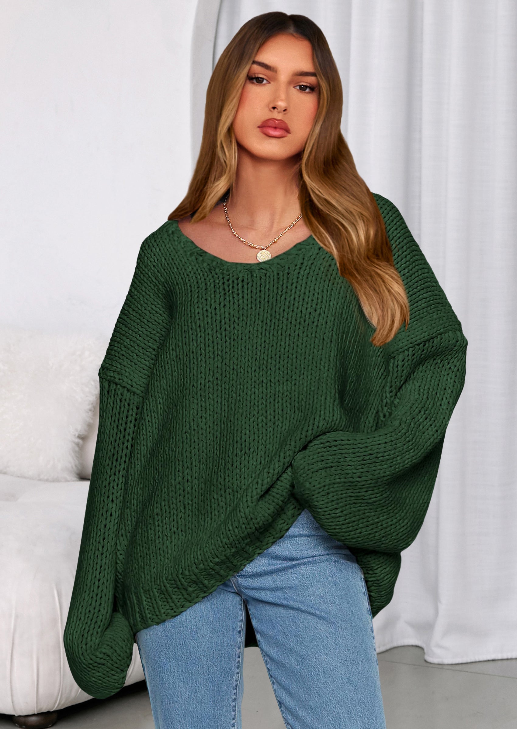 Women's Fall Oversized Sweaters Long Sleeve V Neck Dressy Casual Chunky Knit Loose Pullover Tops Winter Clothing