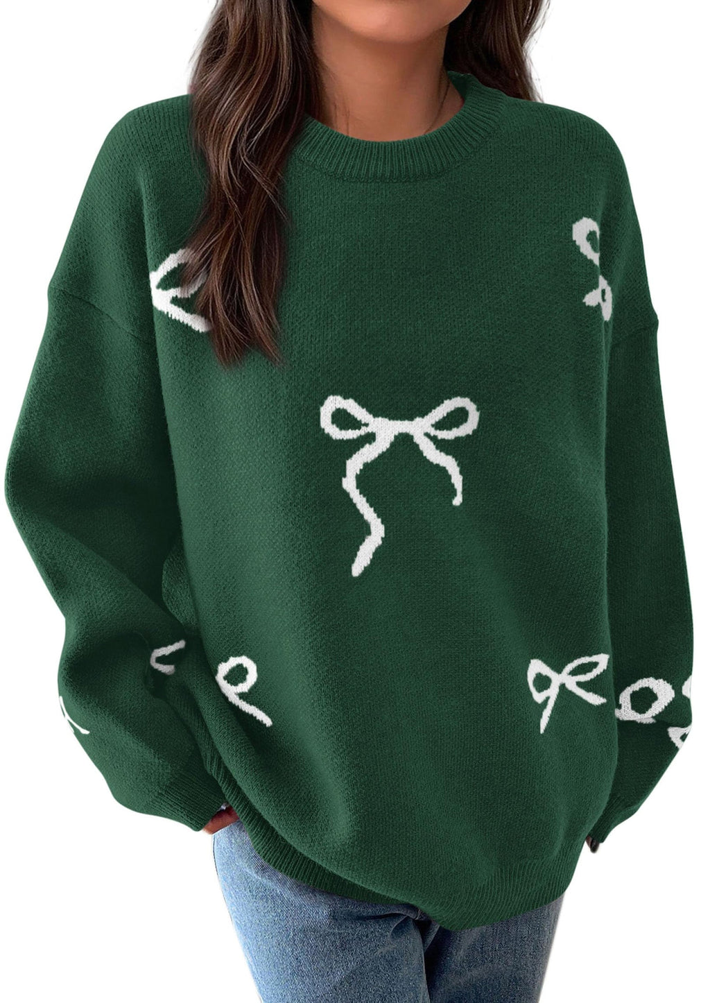 Fall Long Sleeve Pullover Sweaters for Women Trendy Crewneck Casual Cute Bow Chunky Knit Oversized Sweater