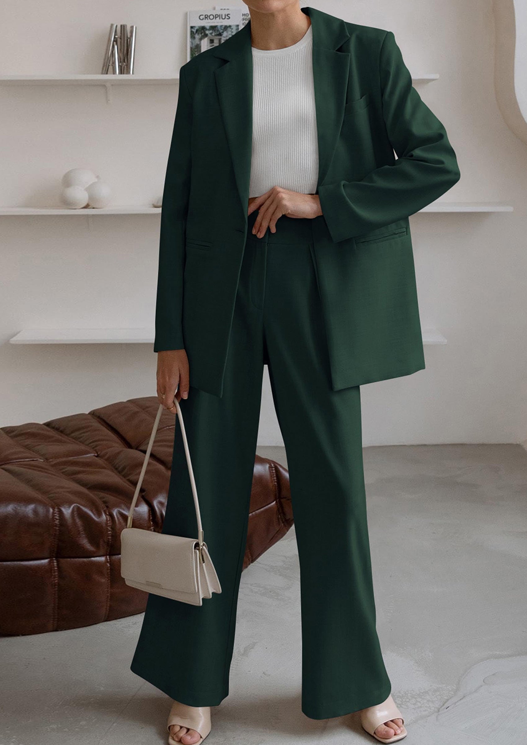 Women's Fall Two Piece Outfits Dressy Blazer Jacket and Wide Leg Pants Pockets Business Casual Office Suit Sets
