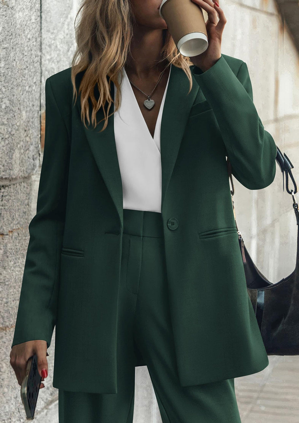 Women's Fall Two Piece Outfits Dressy Blazer Jacket and Wide Leg Pants Pockets Business Casual Office Suit Sets