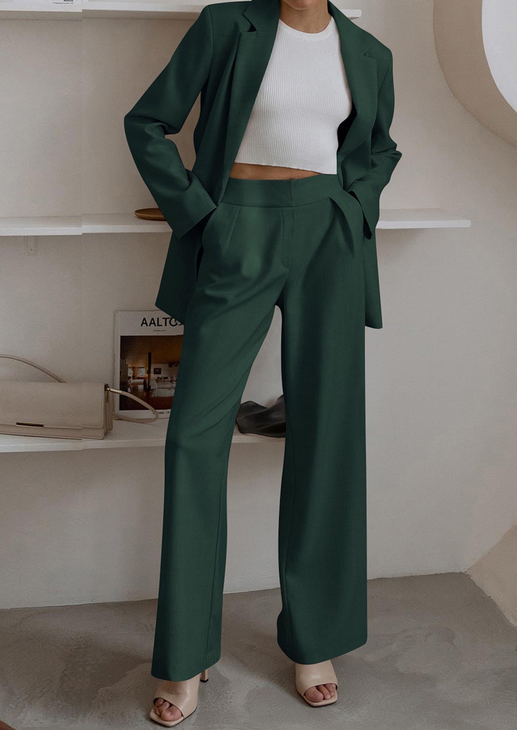 Women's Fall Two Piece Outfits Dressy Blazer Jacket and Wide Leg Pants Pockets Business Casual Office Suit Sets