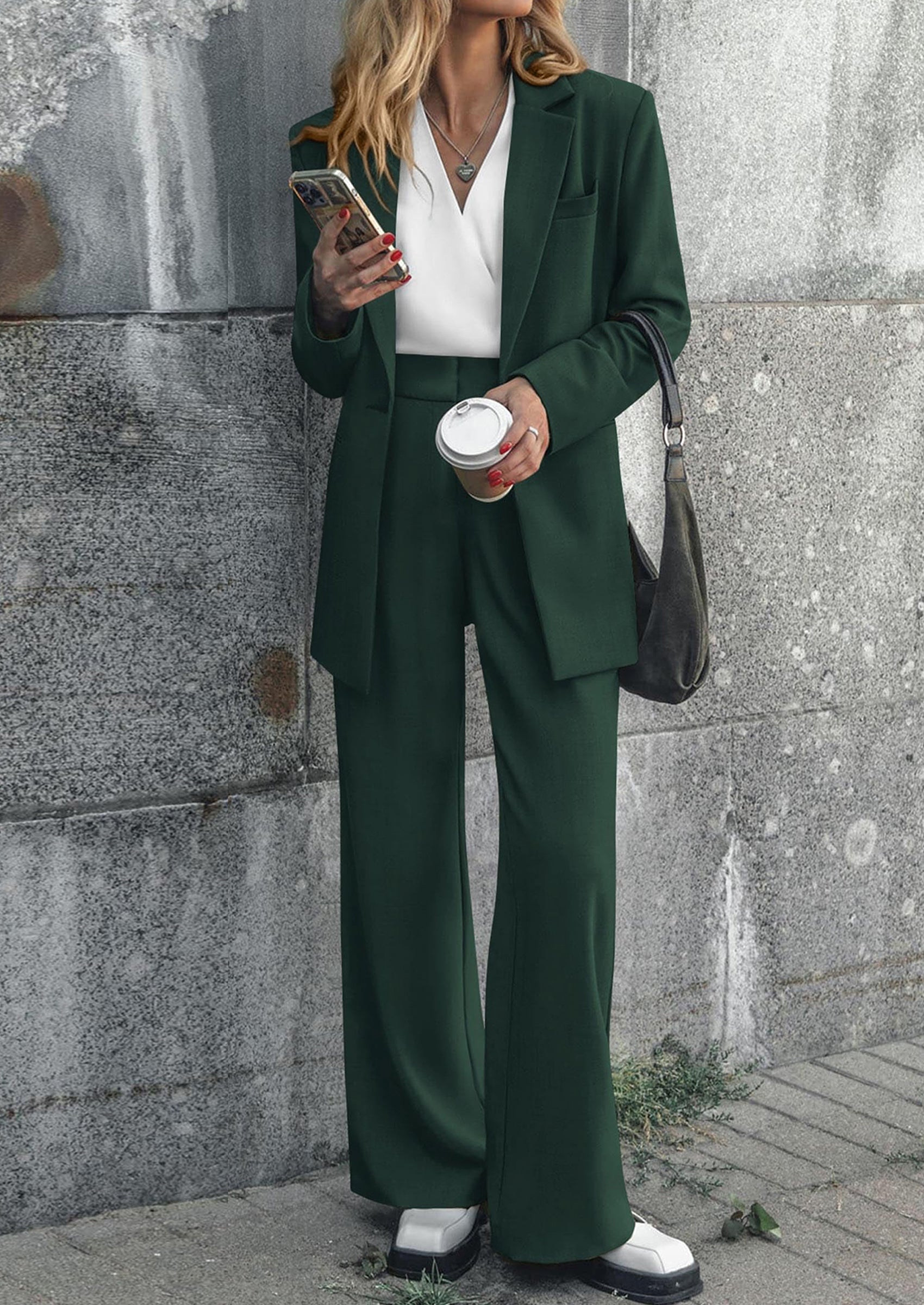 Women's Fall Two Piece Outfits Dressy Blazer Jacket and Wide Leg Pants Pockets Business Casual Office Suit Sets