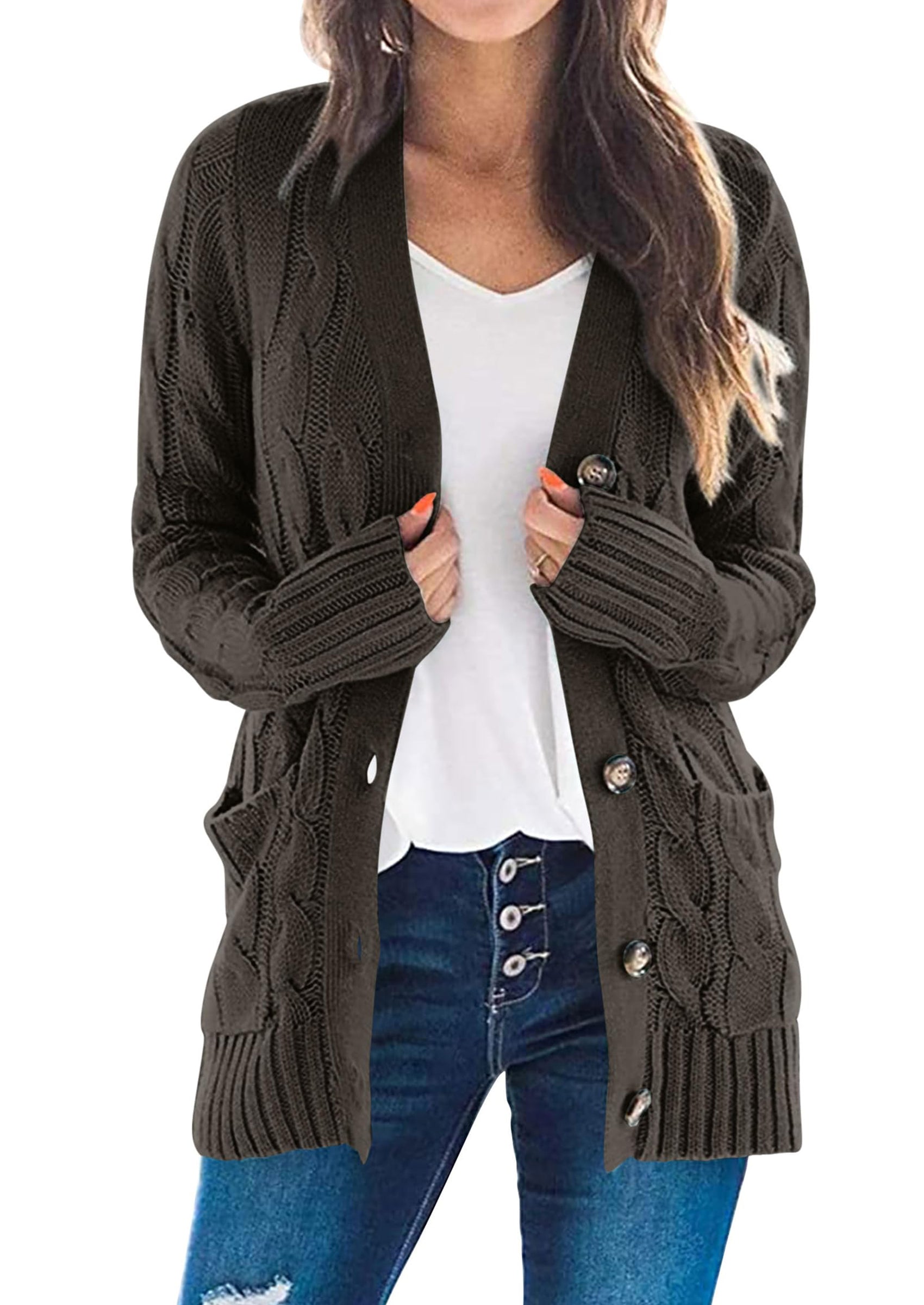 Women's Open Front Cardigan Sweaters Fall Fashion Button Down Cable Knit Chunky Winter Outerwear Coats
