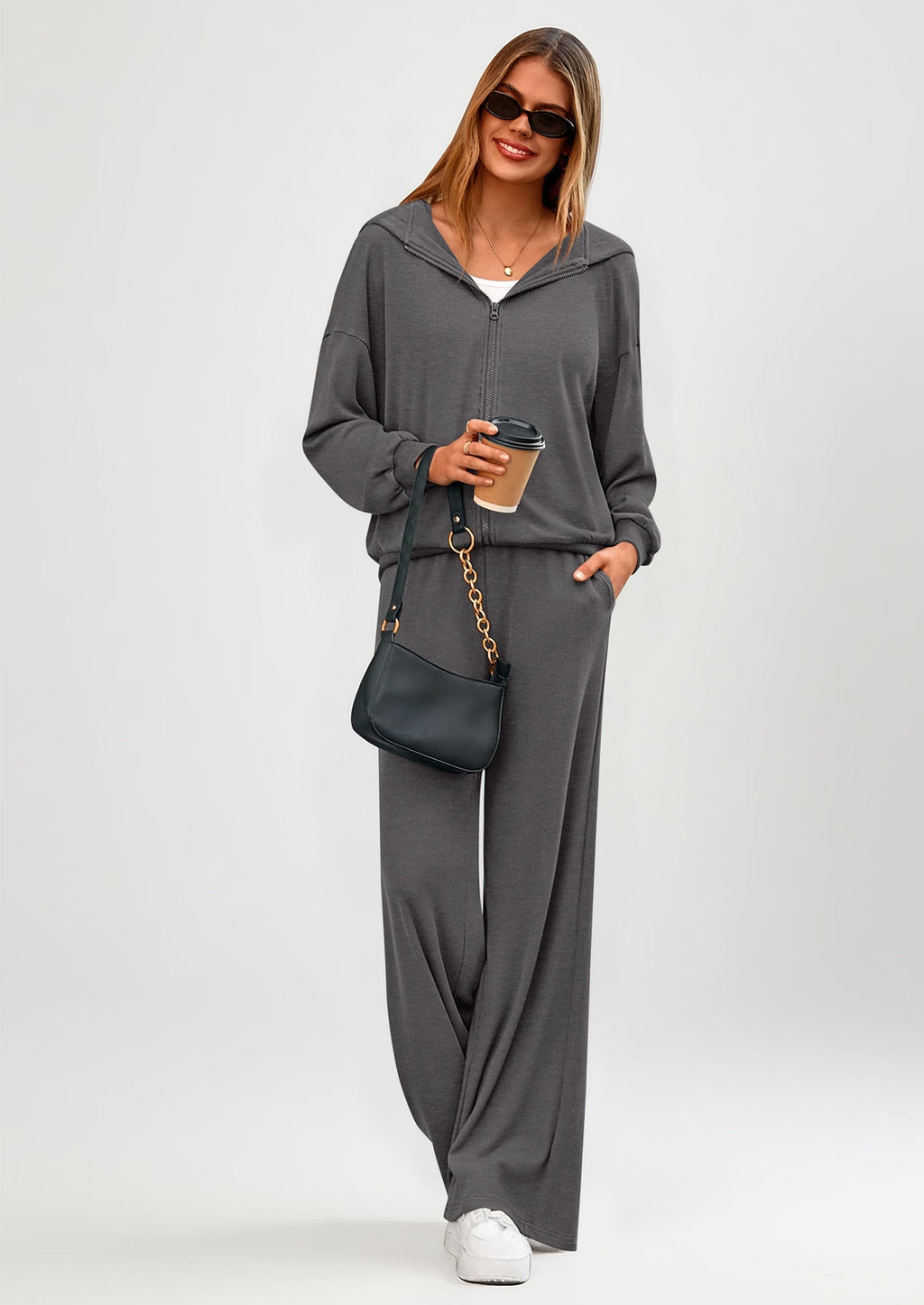 Women's 2 Piece Fall Lounge Sets Zip Up Hoodie Wide Leg Pants Tracksuit Matching Travel Outfits Clothes