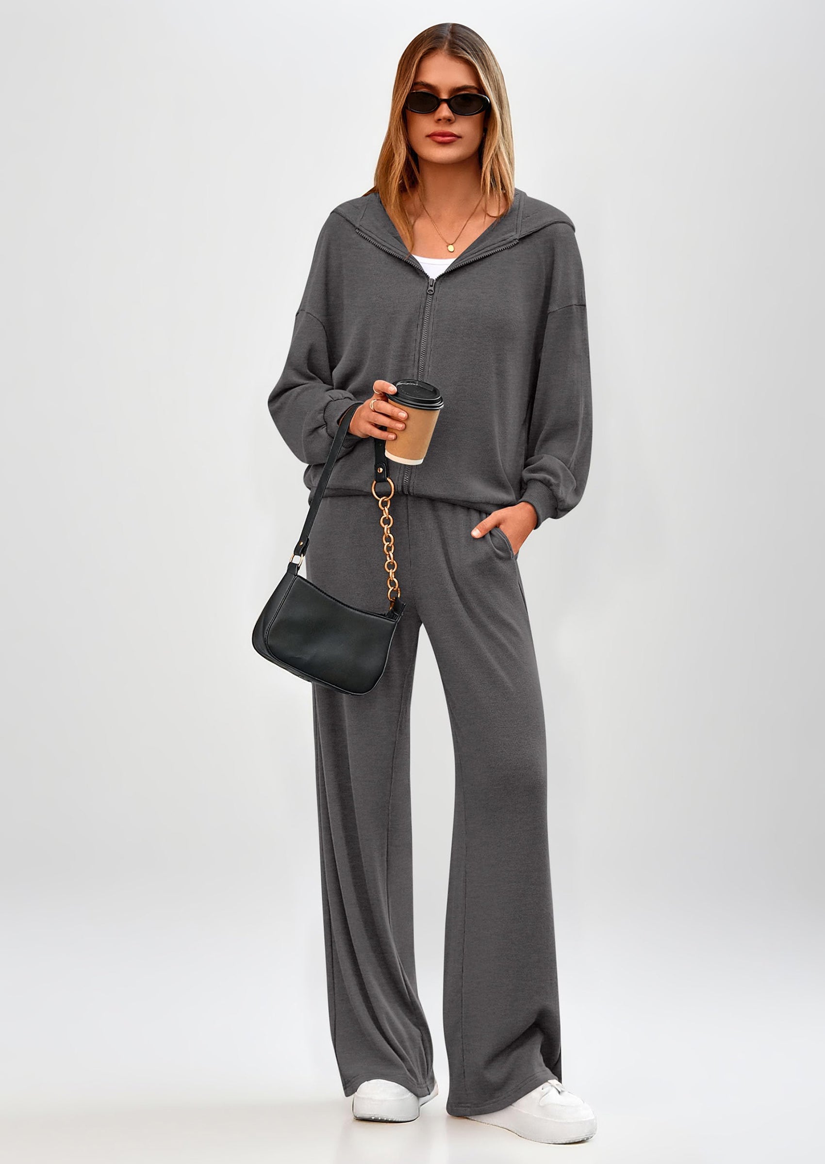 Women's 2 Piece Fall Lounge Sets Zip Up Hoodie Wide Leg Pants Tracksuit Matching Travel Outfits Clothes