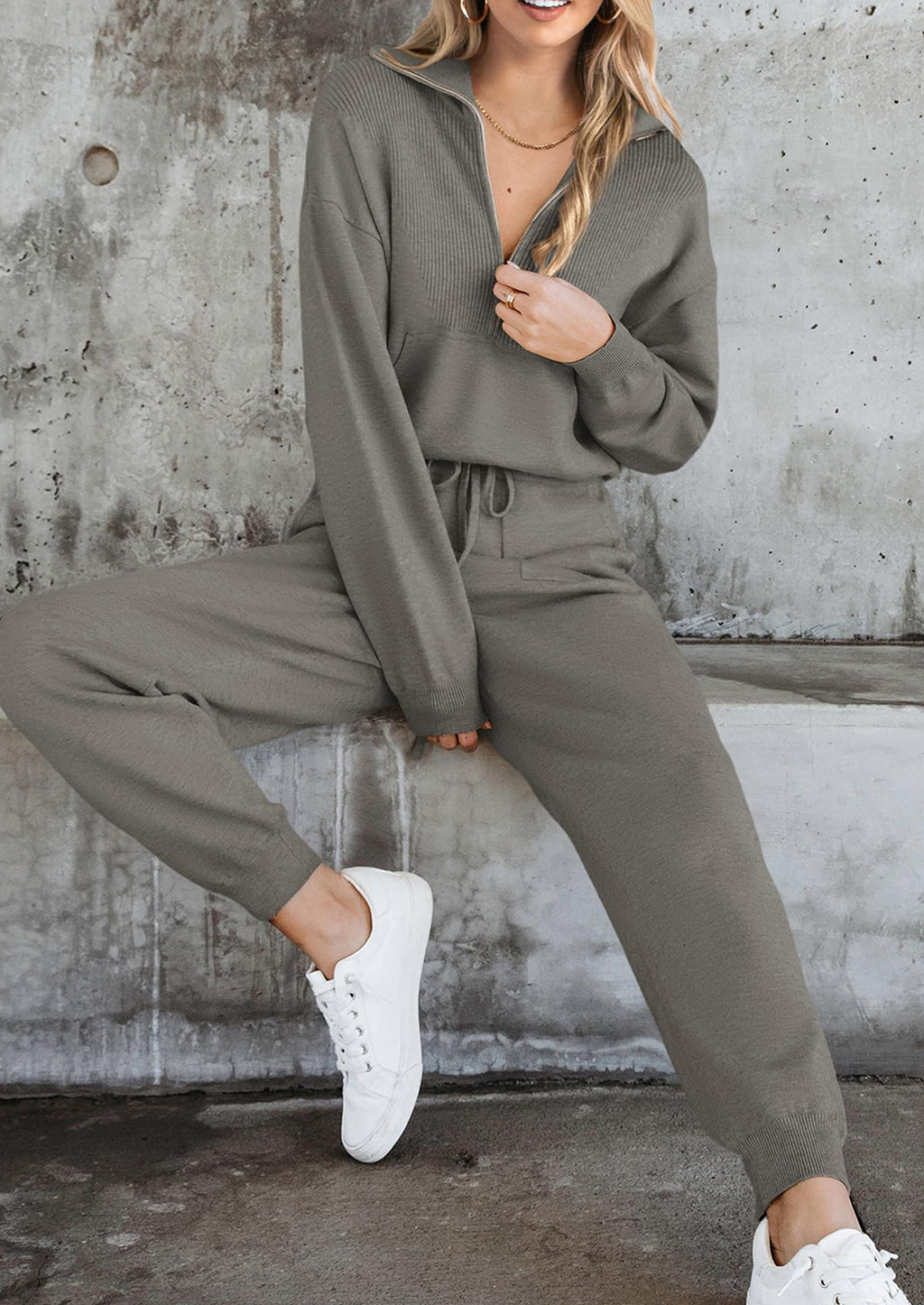 Women's 2 Piece Sweater Set Pullover Zip Up Sweatshirt Jogger Sweatpants Tracksuit Casual Outfit