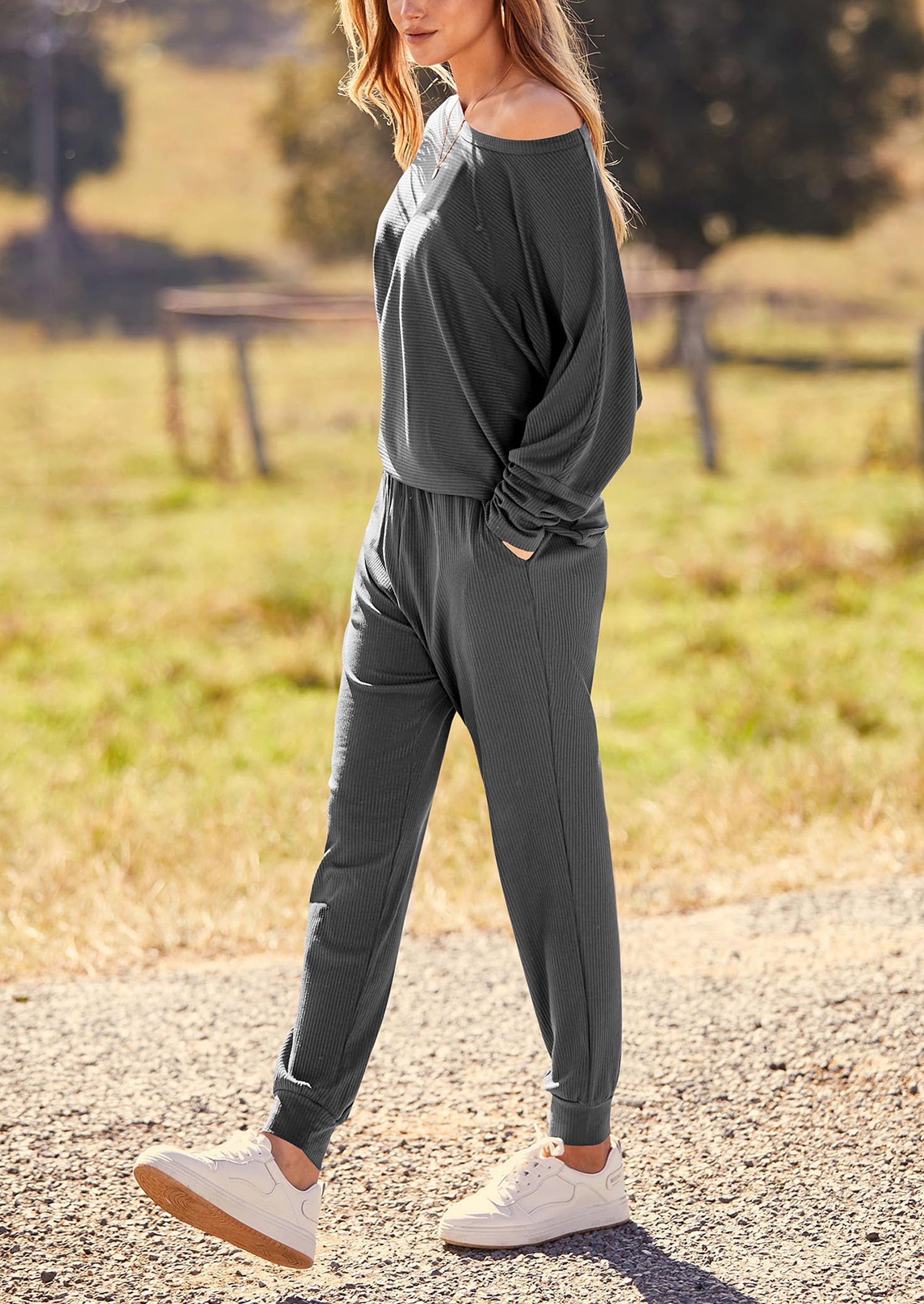Women's Fall 2 Piece Lounge Set Long Sleeve Tops Ribbed Pants Spring Matching Sweatsuit Travel Outfits Clothes
