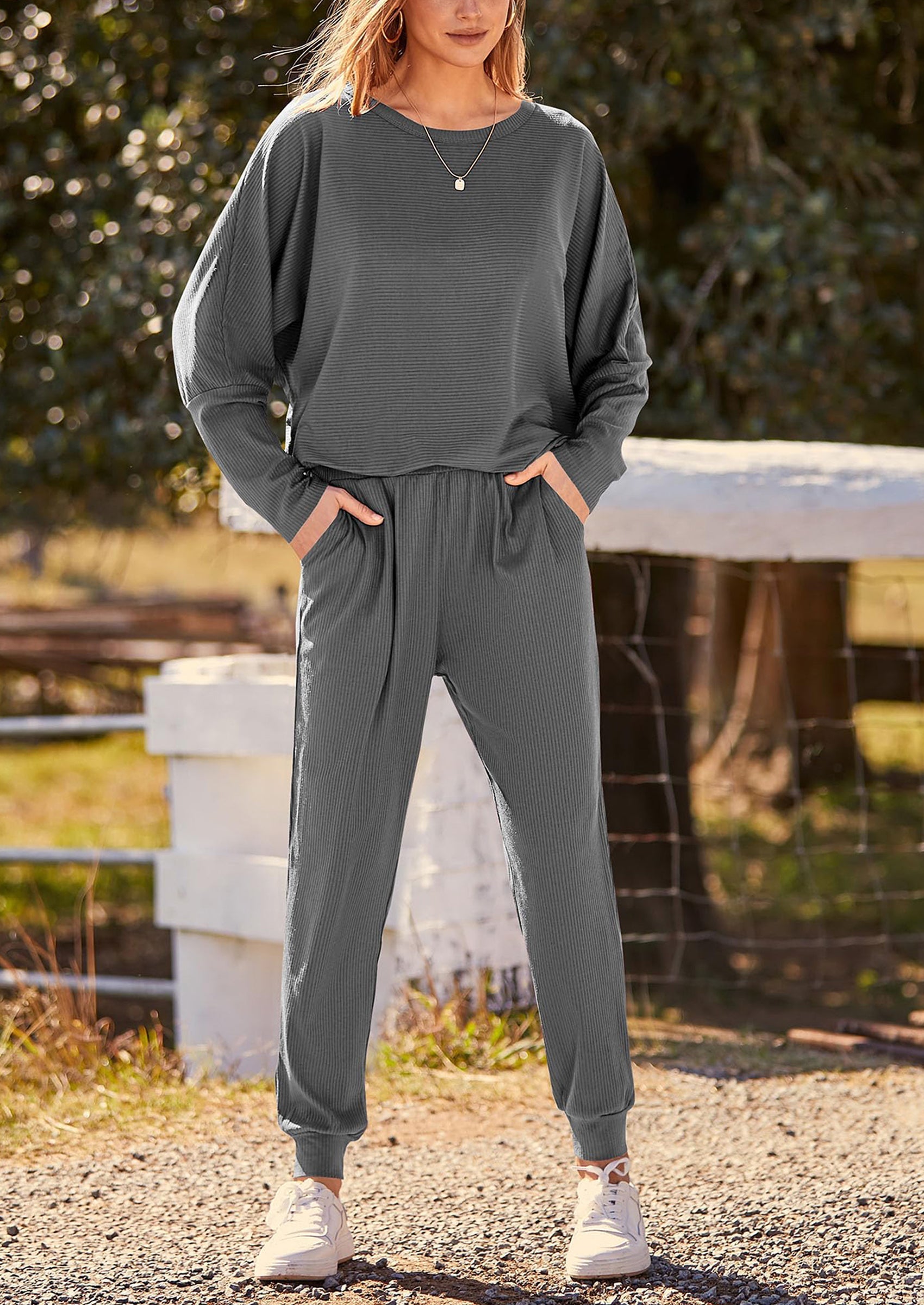 Women's Fall 2 Piece Lounge Set Long Sleeve Tops Ribbed Pants Spring Matching Sweatsuit Travel Outfits Clothes