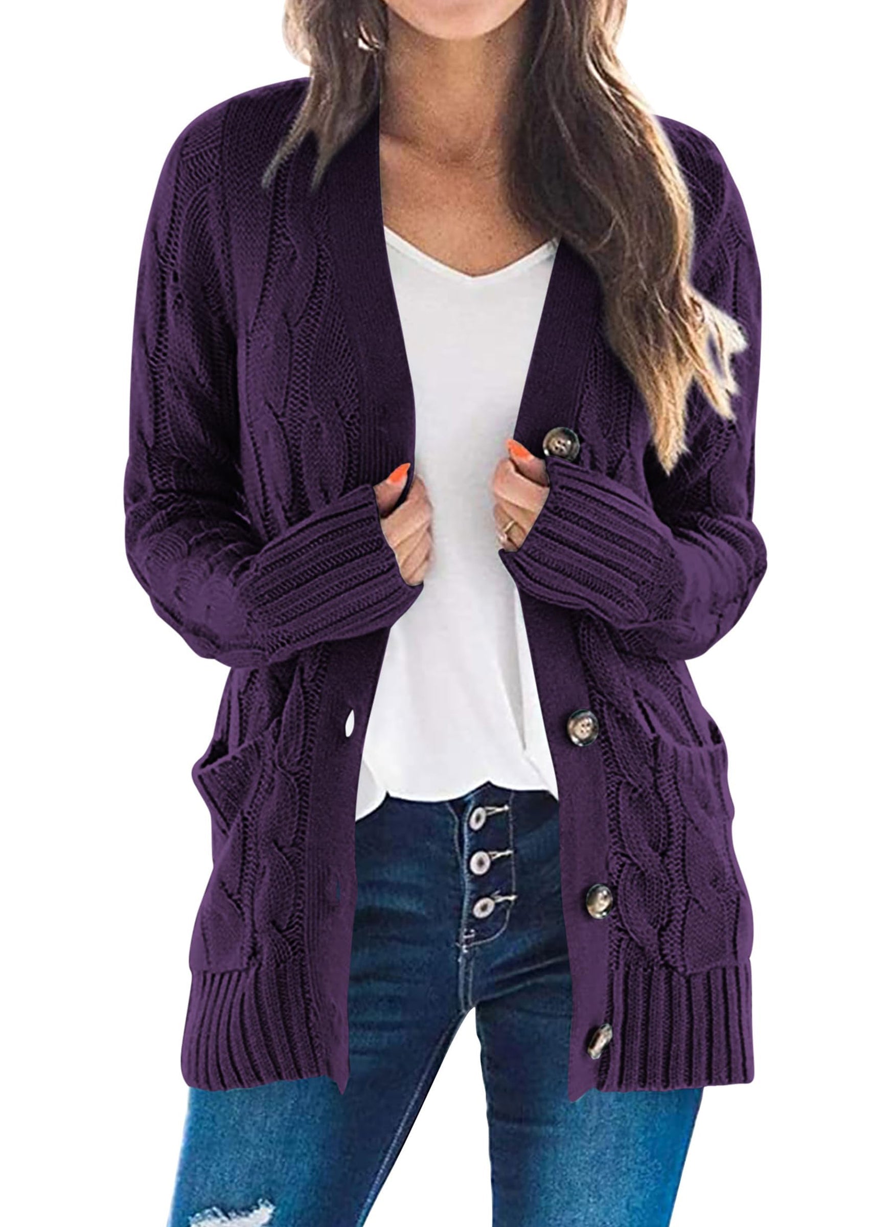 Women's Open Front Cardigan Sweaters Fall Fashion Button Down Cable Knit Chunky Winter Outerwear Coats