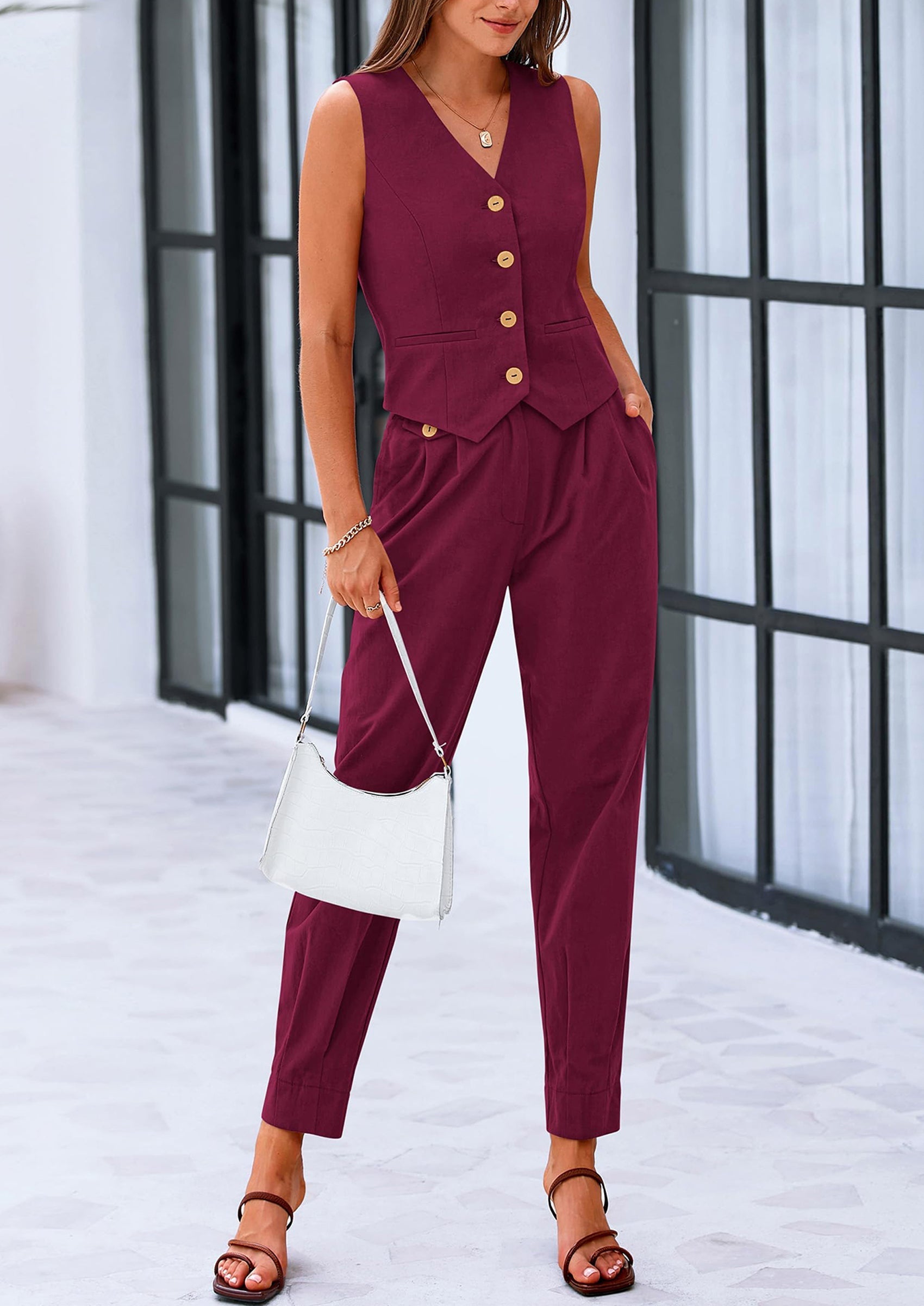 Two Piece V Neck Button Front Cropped Tank Tops Vest Pockets Pants Cotton Sets