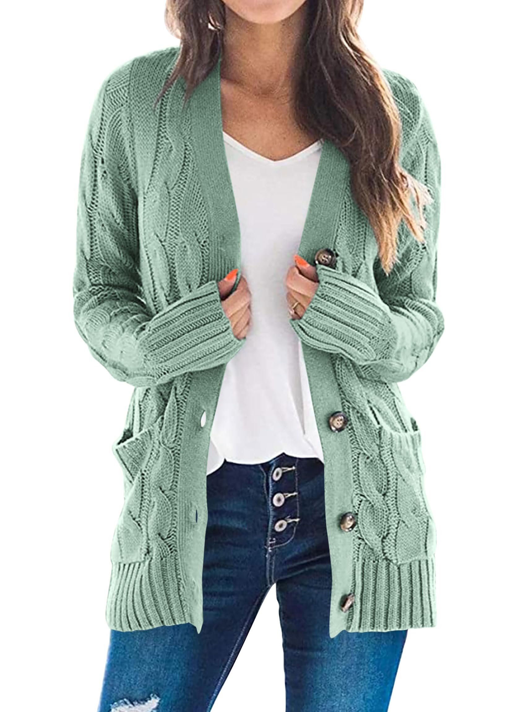 Women's Open Front Cardigan Sweaters Fall Fashion Button Down Cable Knit Chunky Winter Outerwear Coats