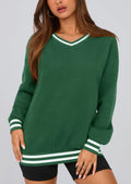 Women's Oversized Sweatshirts Casual Long Sleeve Stripes Knit V Neck Pullover Top Fall Teens Preppy Clothes