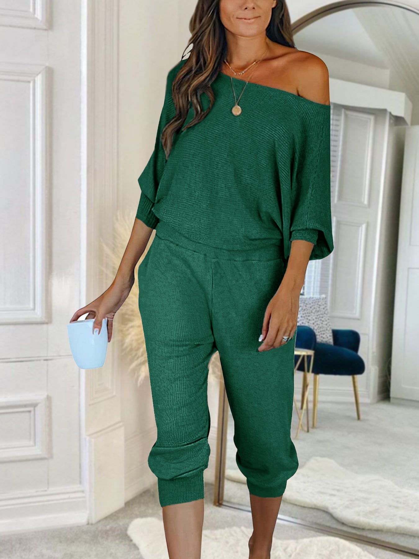 Women's 2 Piece Ribbed Tracksuit Outfits Off Shoulder Long Sleeve Pullover Lounge Pants with Pockets