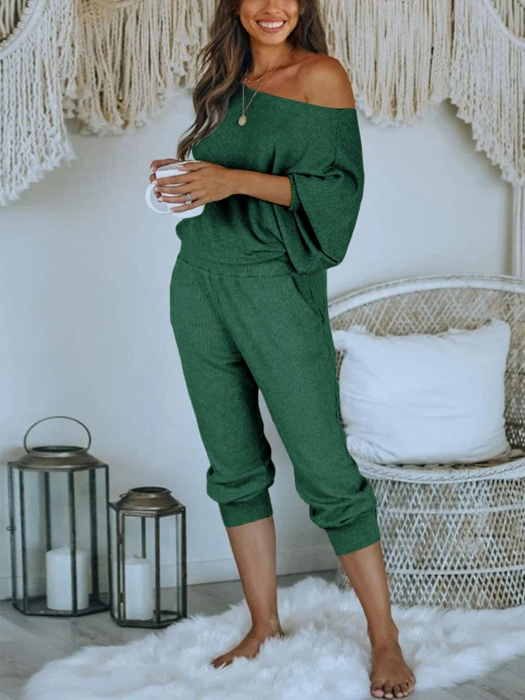 Women's 2 Piece Ribbed Tracksuit Outfits Off Shoulder Long Sleeve Pullover Lounge Pants with Pockets