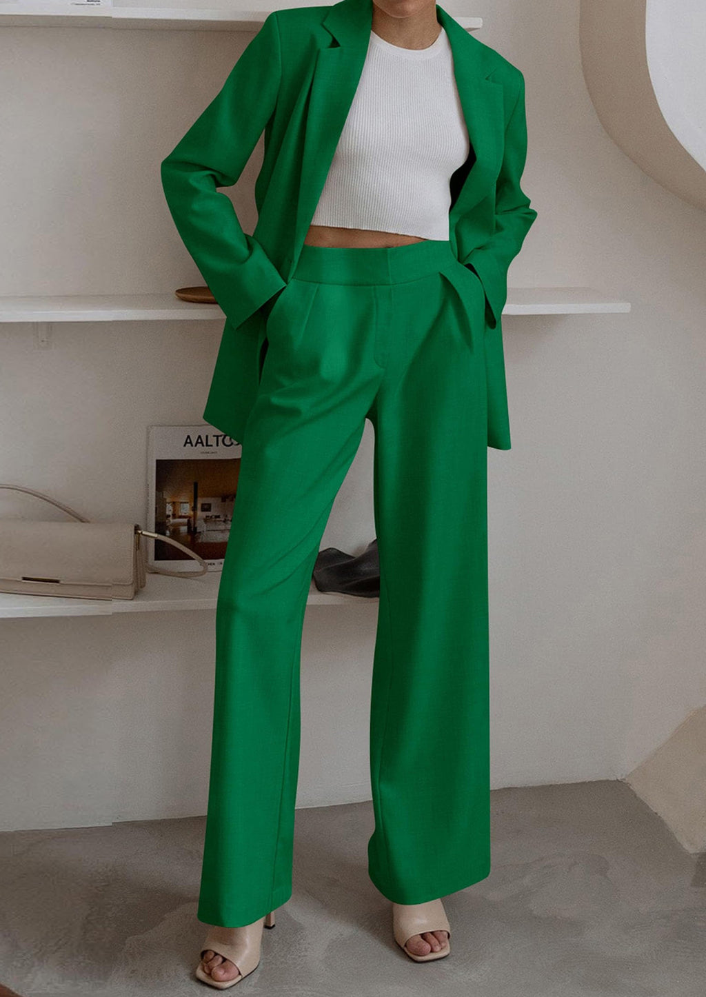 Women's Fall Two Piece Outfits Dressy Blazer Jacket and Wide Leg Pants Pockets Business Casual Office Suit Sets