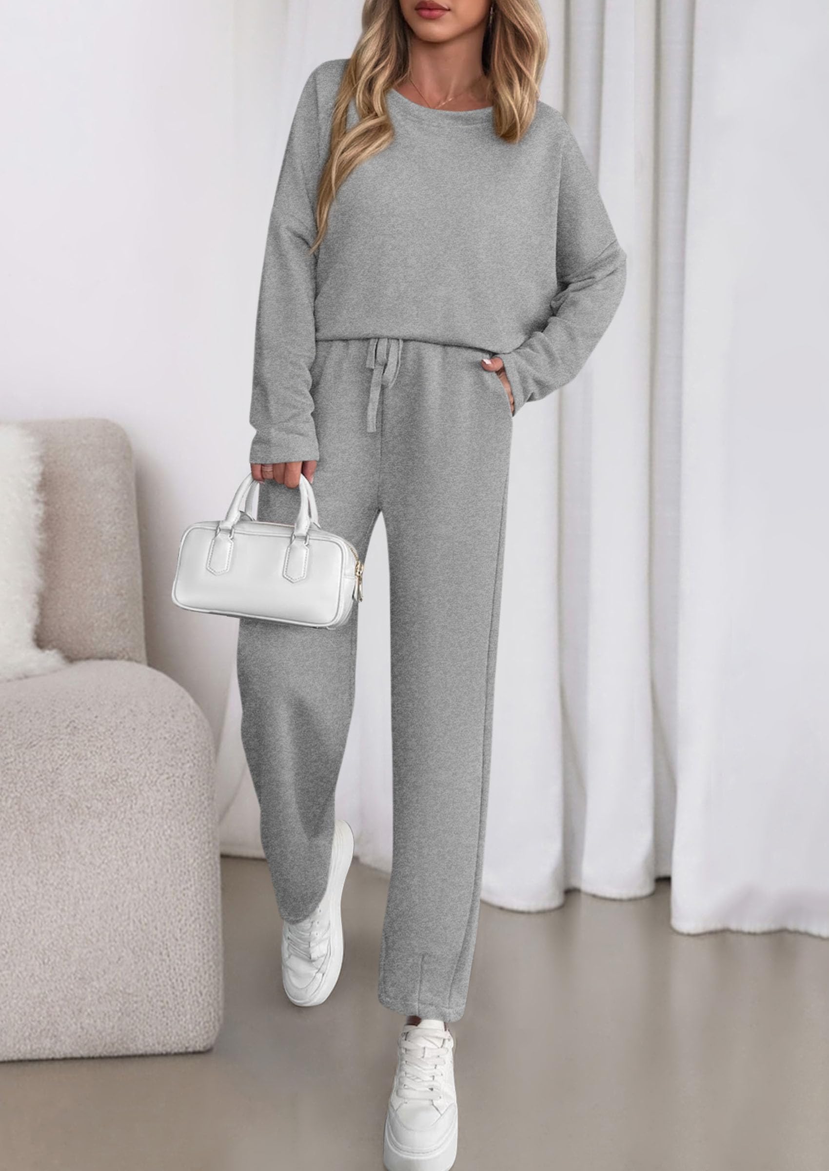 Womens 2 Piece Matching Lounge Sets Fall Long Sleeve Boatneck Sweatsuit Drawstring Sweatpants Pockets