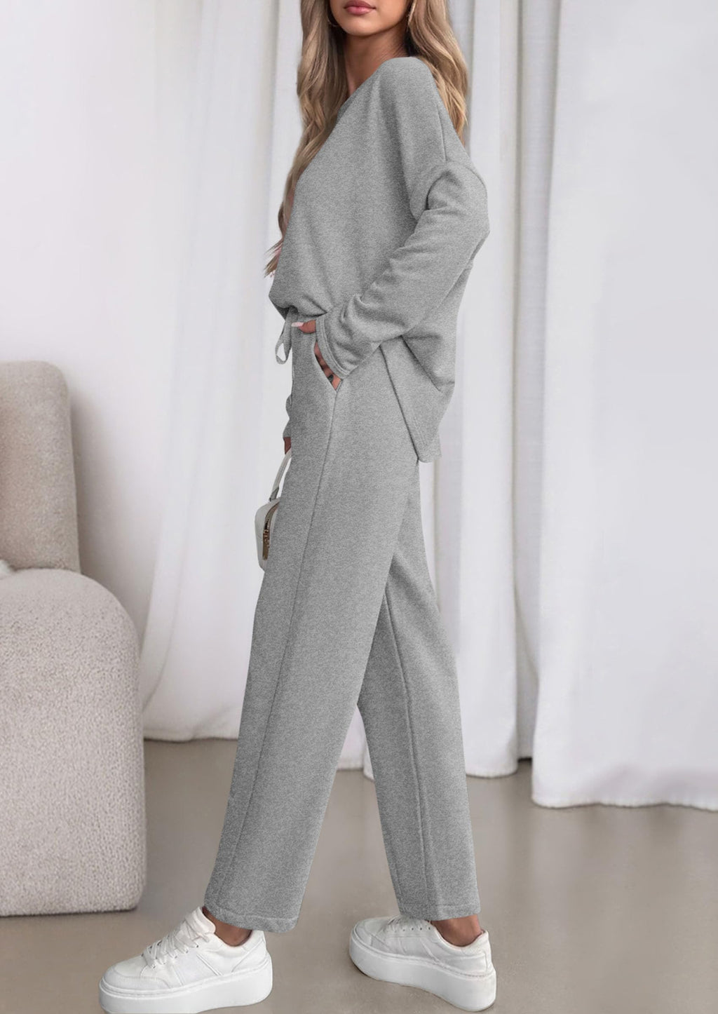 Womens 2 Piece Matching Lounge Sets Fall Long Sleeve Boatneck Sweatsuit Drawstring Sweatpants Pockets