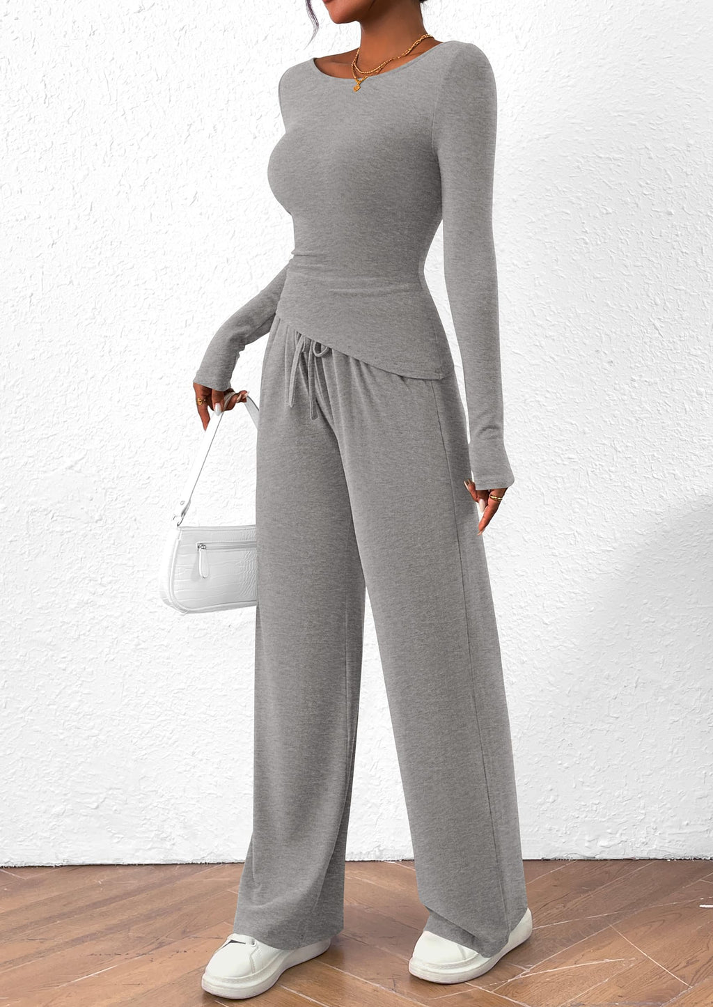 Women's 2 Piece Lounge Sets Asymmetrical Long Sleeve T Shirt Wide Leg Pants Casual Outfits Tracksuit