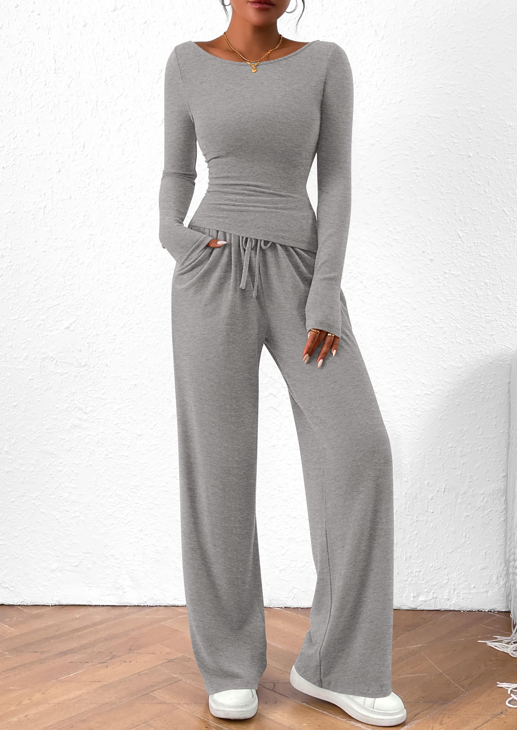 Women's 2 Piece Lounge Sets Asymmetrical Long Sleeve T Shirt Wide Leg Pants Casual Outfits Tracksuit