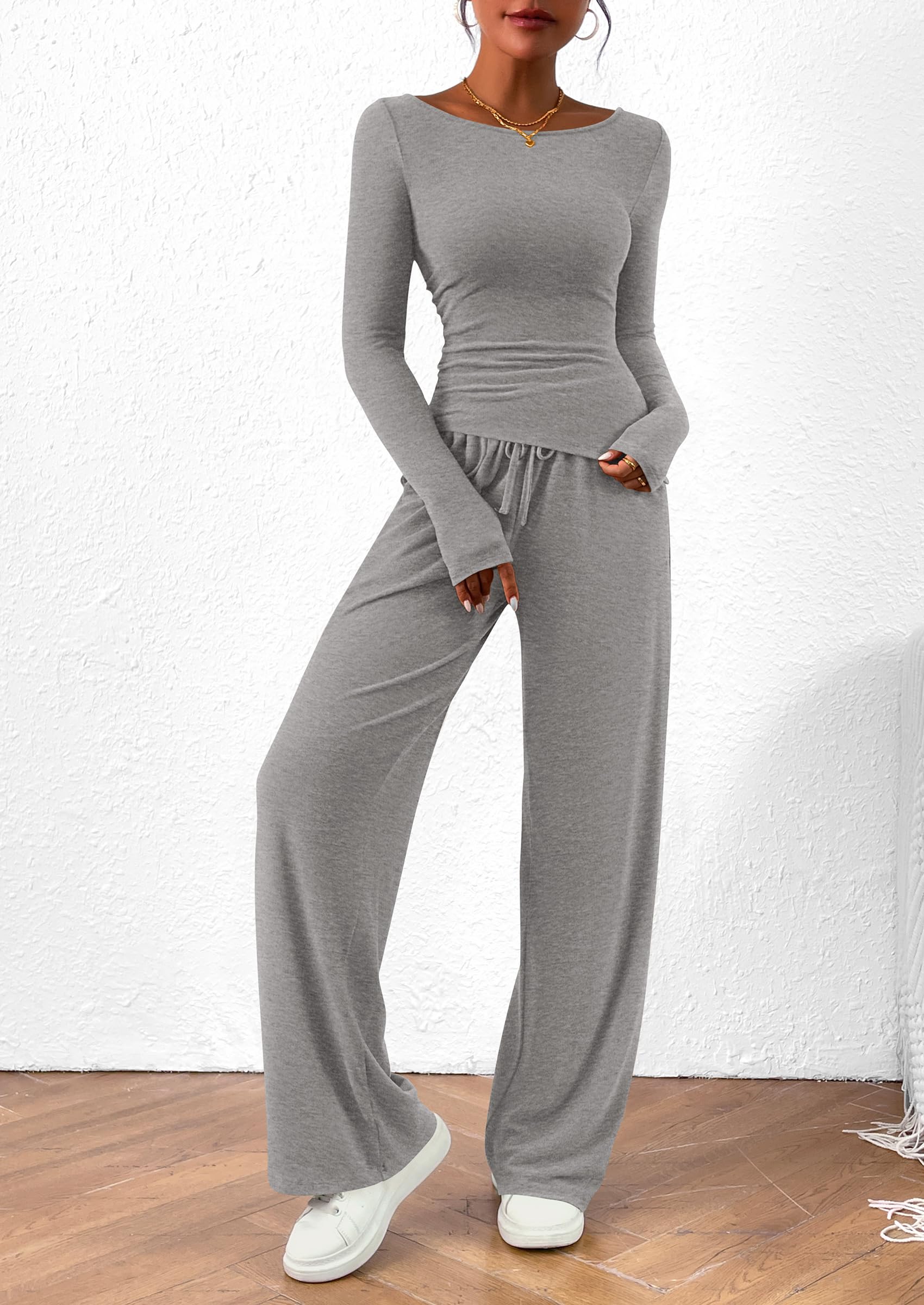Women's 2 Piece Lounge Sets Asymmetrical Long Sleeve T Shirt Wide Leg Pants Casual Outfits Tracksuit