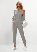 Women's 2 Piece Ribbed Tracksuit Outfits Off Shoulder Long Sleeve Pullover Lounge Pants with Pockets