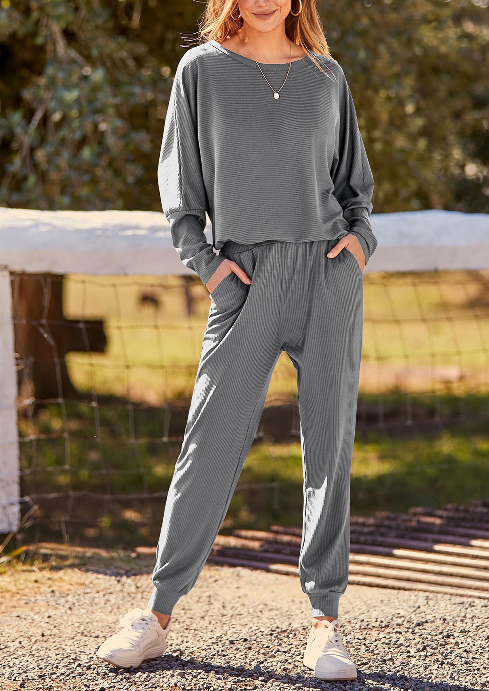 Women's Fall 2 Piece Lounge Set Long Sleeve Tops Ribbed Pants Spring Matching Sweatsuit Travel Outfits Clothes
