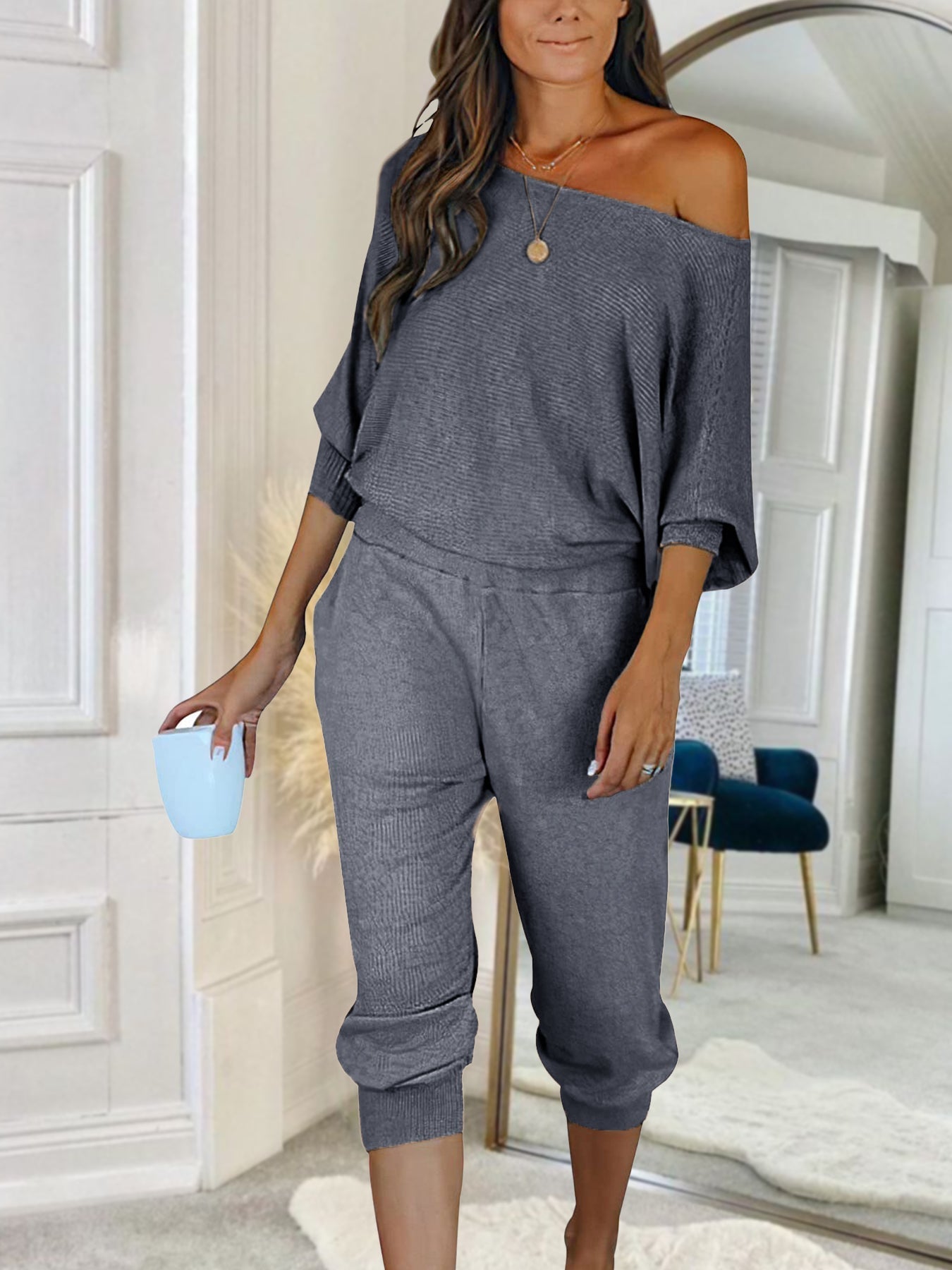 Women's 2 Piece Ribbed Tracksuit Outfits Off Shoulder Long Sleeve Pullover Lounge Pants with Pockets