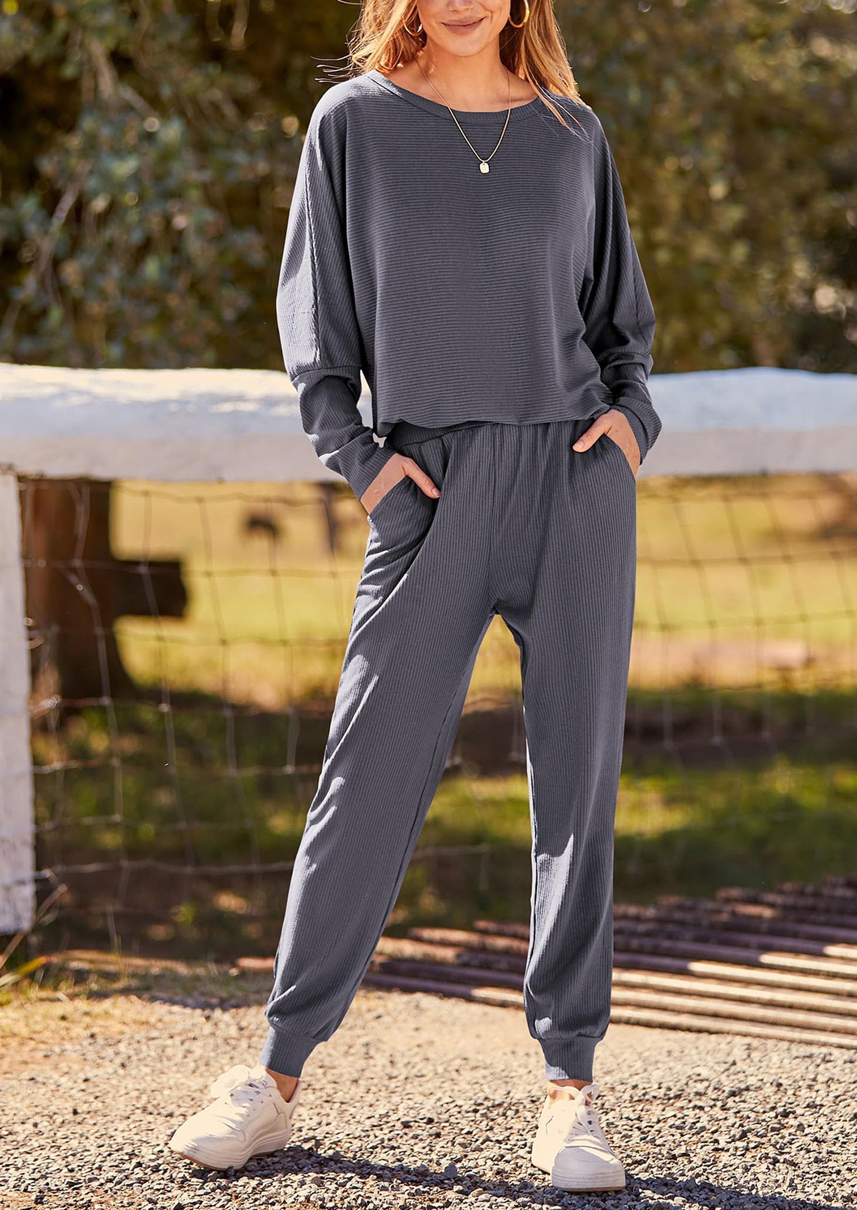 Women's Fall 2 Piece Lounge Set Long Sleeve Tops Ribbed Pants Spring Matching Sweatsuit Travel Outfits Clothes