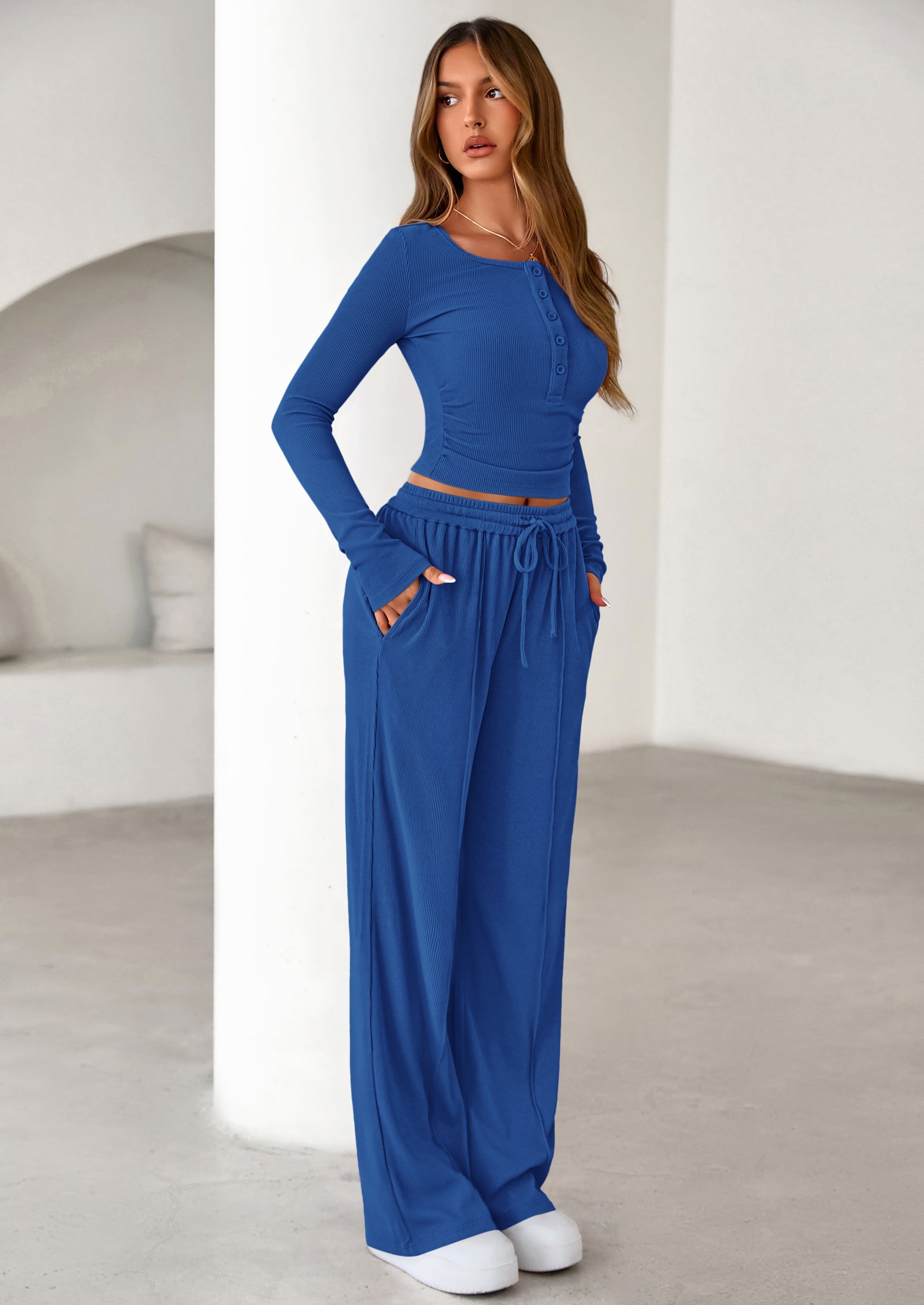Women's Fall Trendy 2 Piece Outfits Lounge Sets Long Sleeve Top Henley Shirts Wide Leg Pants Travel Clothes