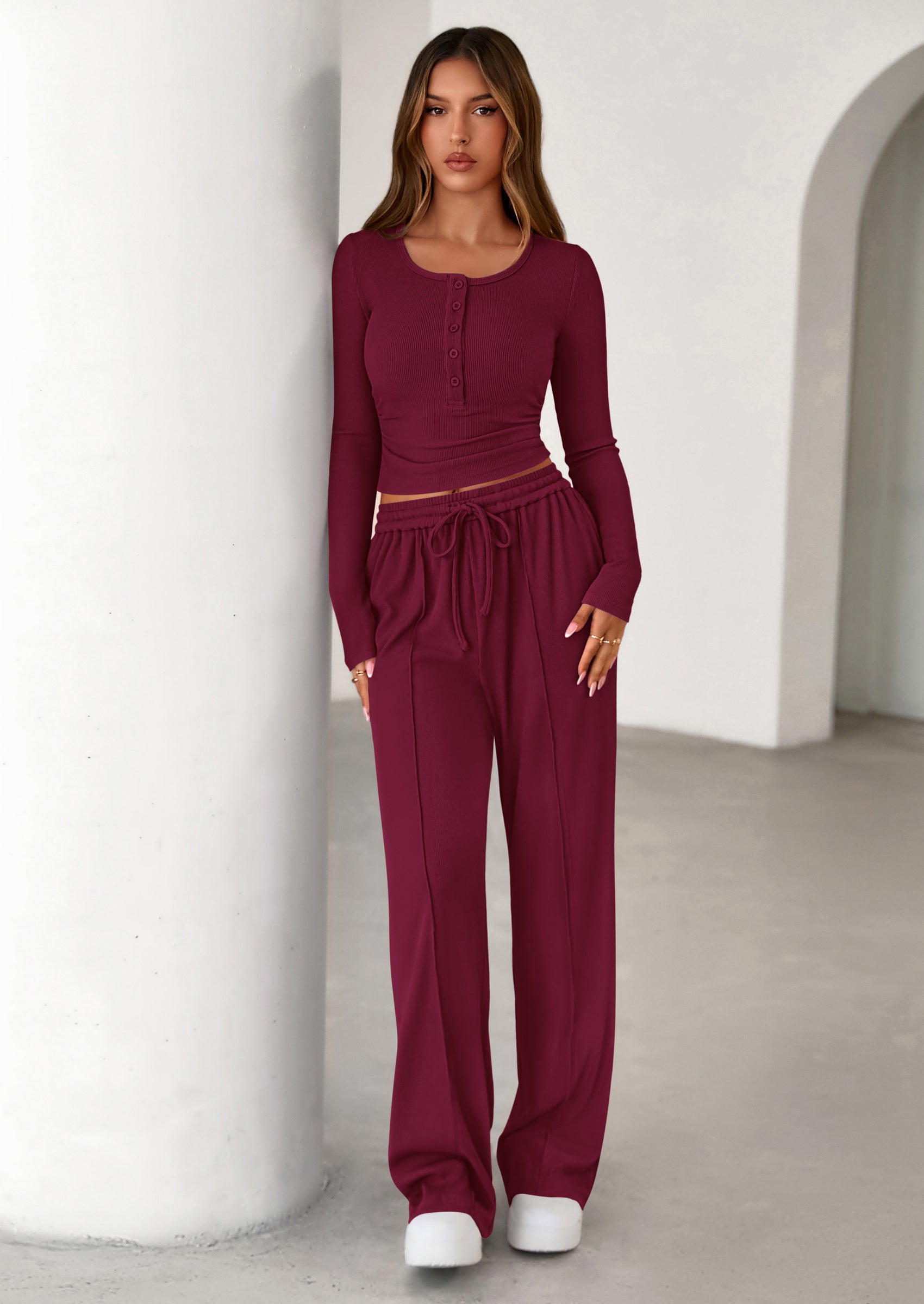 Women's Fall Trendy 2 Piece Outfits Lounge Sets Long Sleeve Top Henley Shirts Wide Leg Pants Travel Clothes