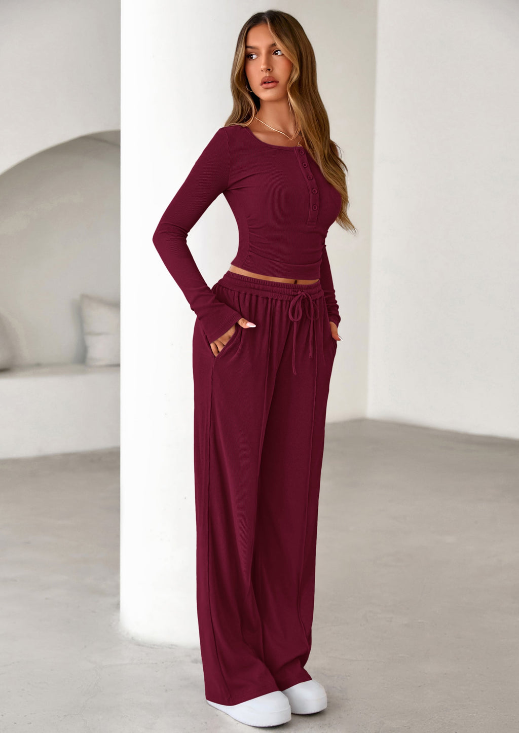 Women's Fall Trendy 2 Piece Outfits Lounge Sets Long Sleeve Top Henley Shirts Wide Leg Pants Travel Clothes