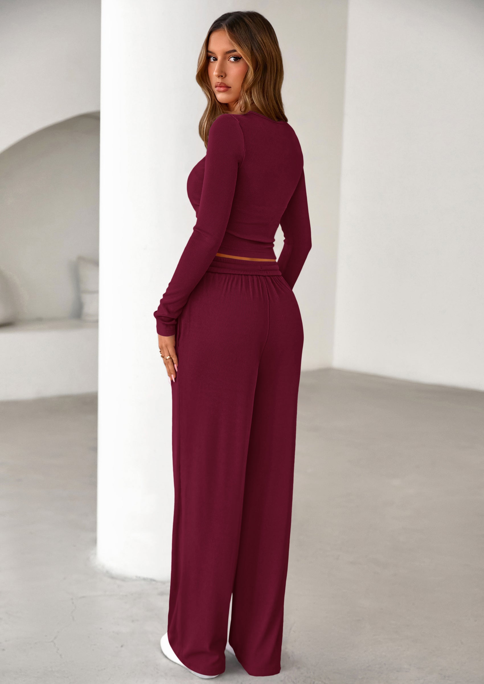 Women's Fall Trendy 2 Piece Outfits Lounge Sets Long Sleeve Top Henley Shirts Wide Leg Pants Travel Clothes