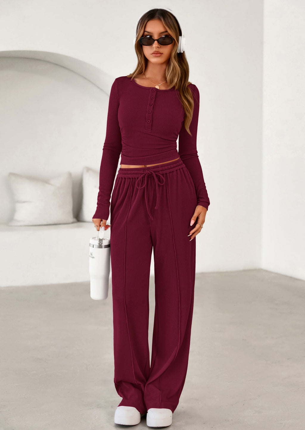 Women's Fall Trendy 2 Piece Outfits Lounge Sets Long Sleeve Top Henley Shirts Wide Leg Pants Travel Clothes