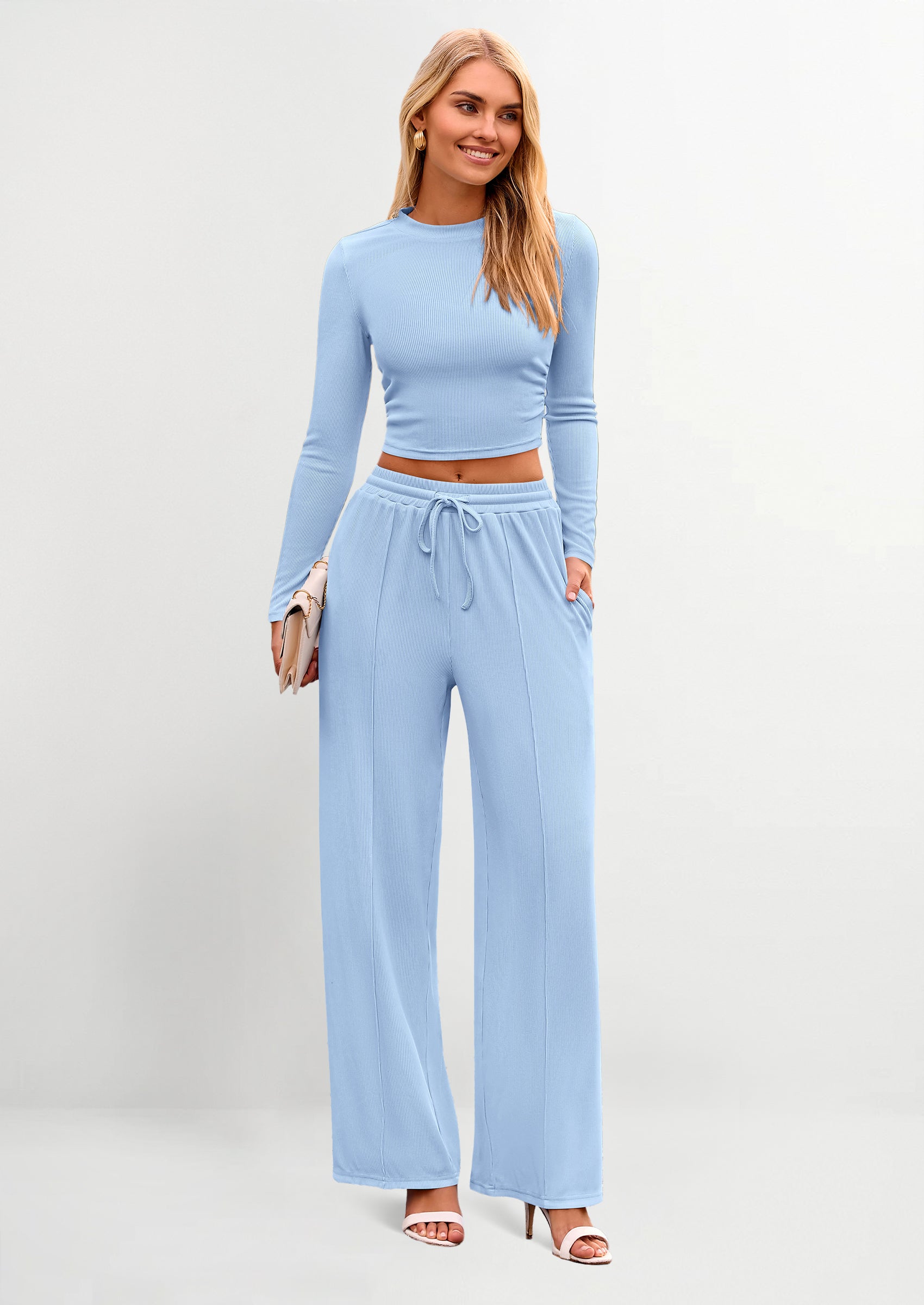 Women's 2 Piece Loungewear Long Sleeve Crop Top Wide Leg Palazzo Pants Set Tracksuits Casual Outfit