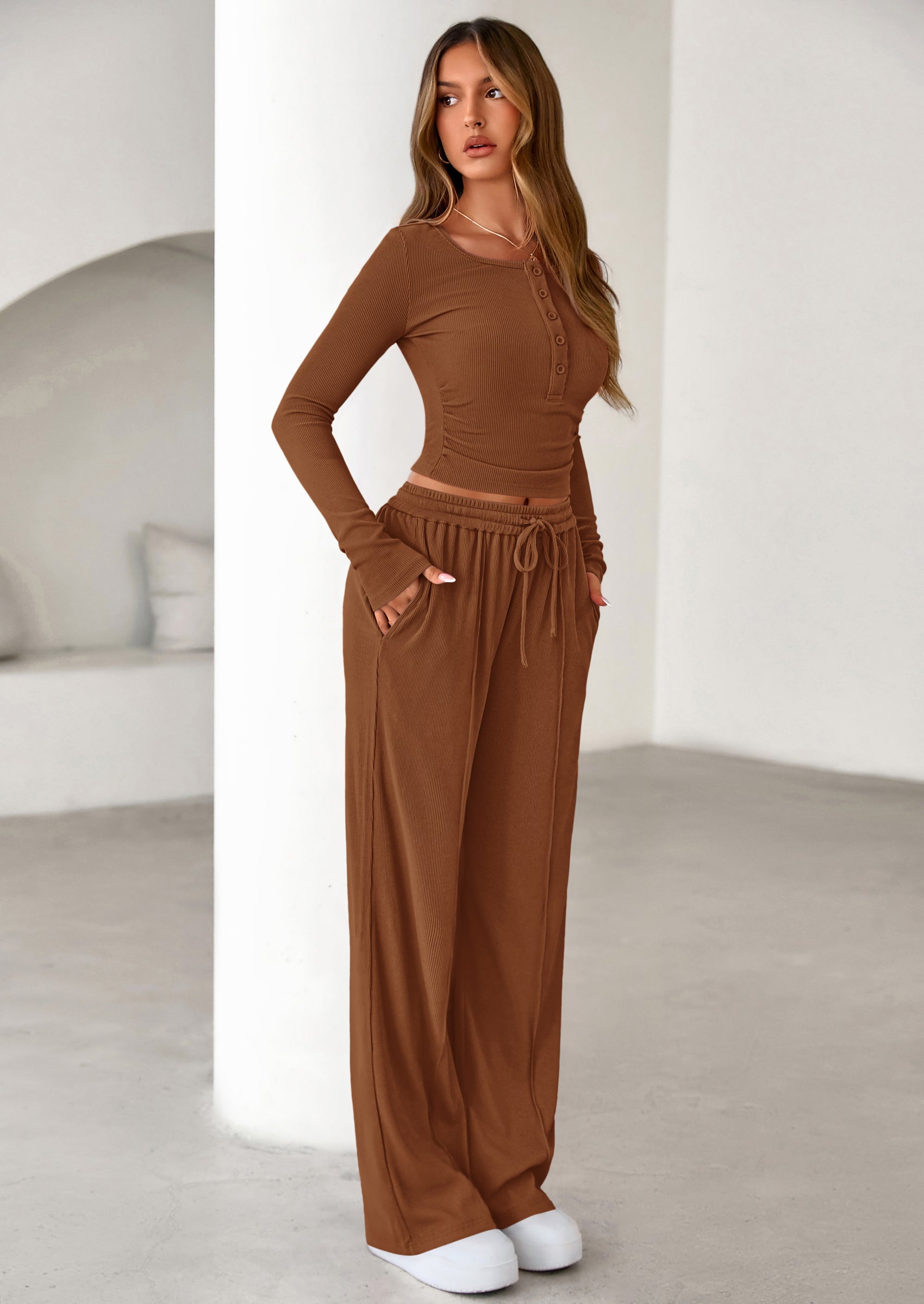 Women's Fall Trendy 2 Piece Outfits Lounge Sets Long Sleeve Top Henley Shirts Wide Leg Pants Travel Clothes