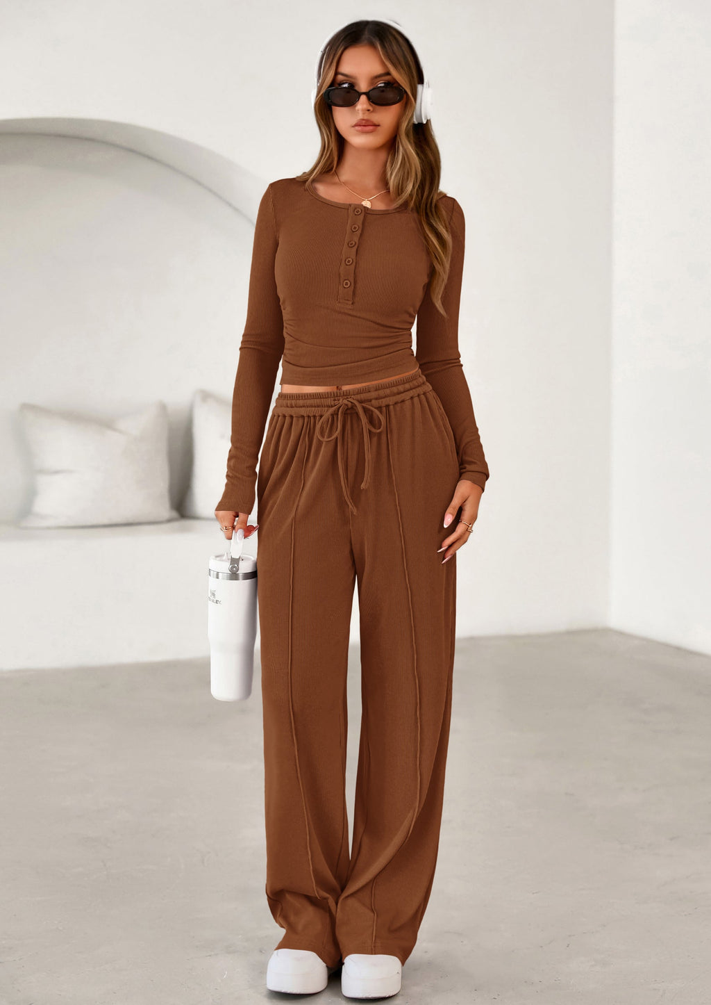 Women's Fall Trendy 2 Piece Outfits Lounge Sets Long Sleeve Top Henley Shirts Wide Leg Pants Travel Clothes