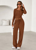 Women's Fall Trendy 2 Piece Outfits Lounge Sets Long Sleeve Top Henley Shirts Wide Leg Pants Travel Clothes